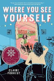 Book cover showing a woman in a wheelchair sitting in a blue room looking at a mirror image of herself but the mirror is out in the world with more colors.
