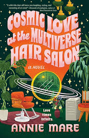 Book cover showing an illustrated hair salon with a chair, several plants, a filing cabinet and  a planet with rings in the background.