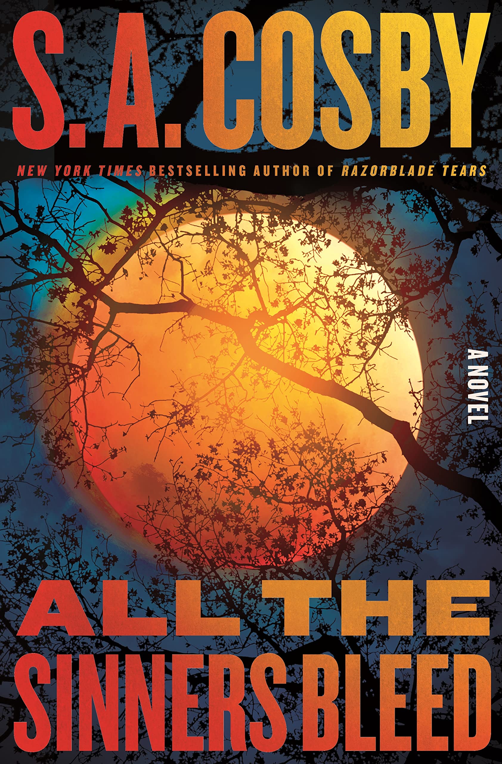  Book cover showing a view of looking up through tree branches with no leaves at the blue sky with a large orange moon. 
