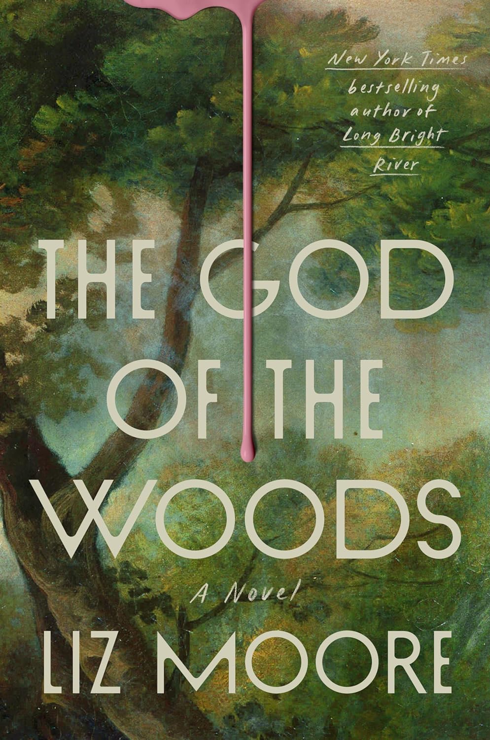  Book cover showing a painting of a woods with trees and greenery but a pink paint drip is going down the middle. 