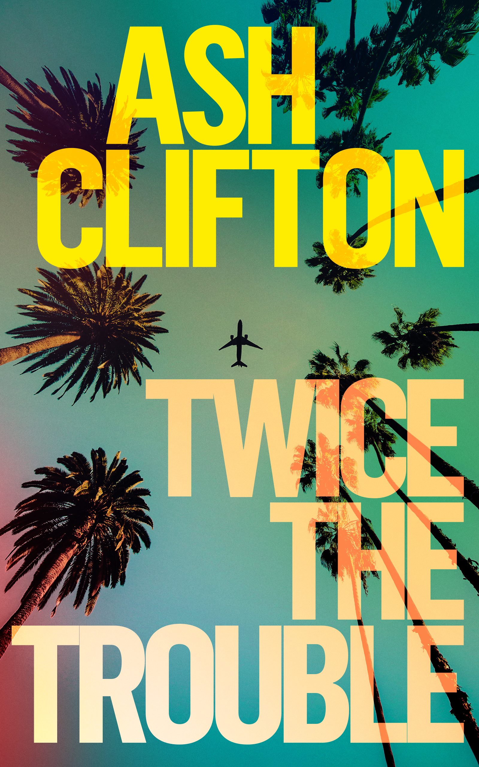  Book cover showing a view of the sky looking up past palm trees as a plane flies overhead. 