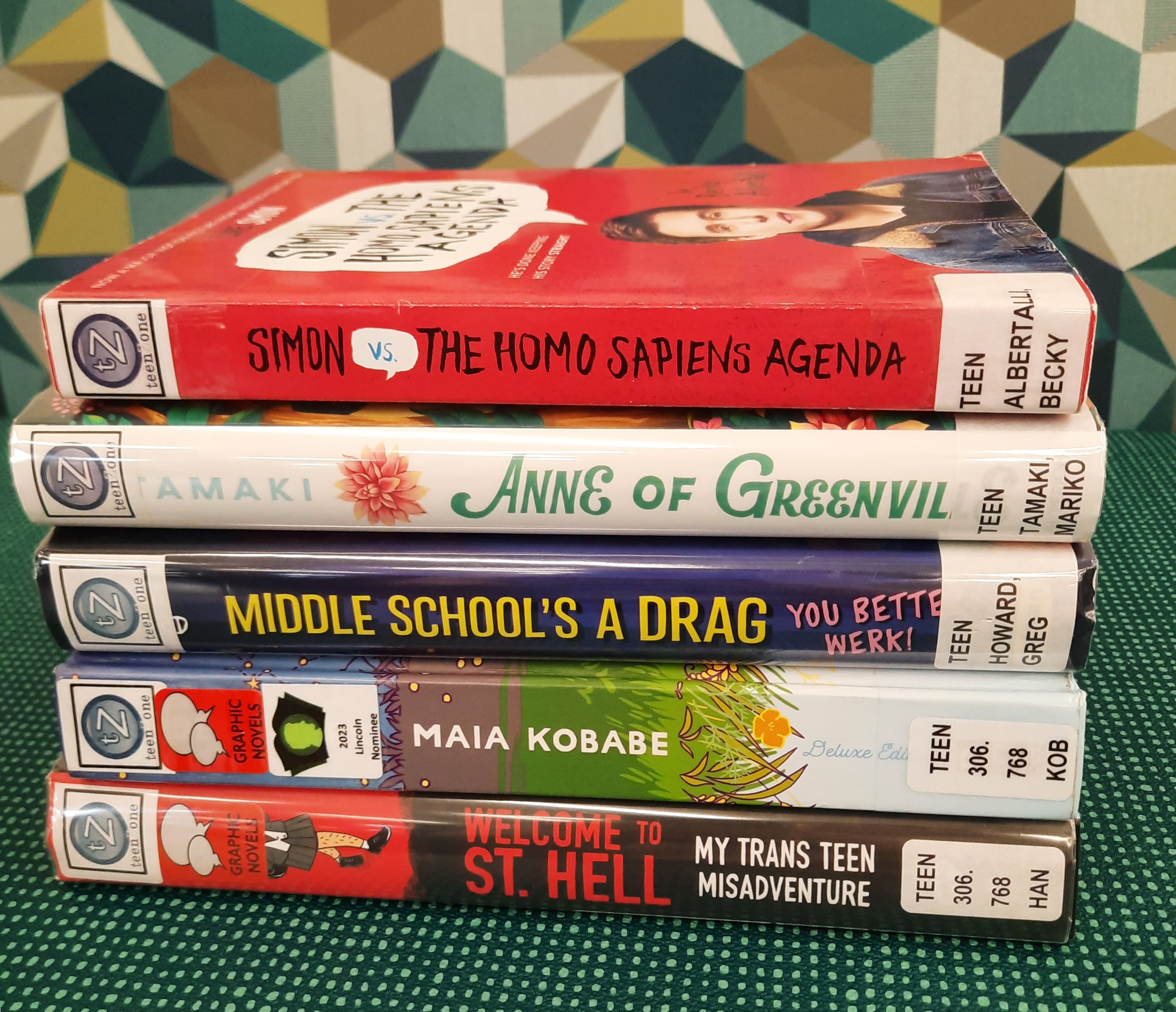 2025 June Book Stack Book Stack showing the following titles: "Simon vs. The Homosapiens agenda," Anne of Greenville," "Middle School's a Drag," "Gender Queer," and "Welcome to St. Hell"