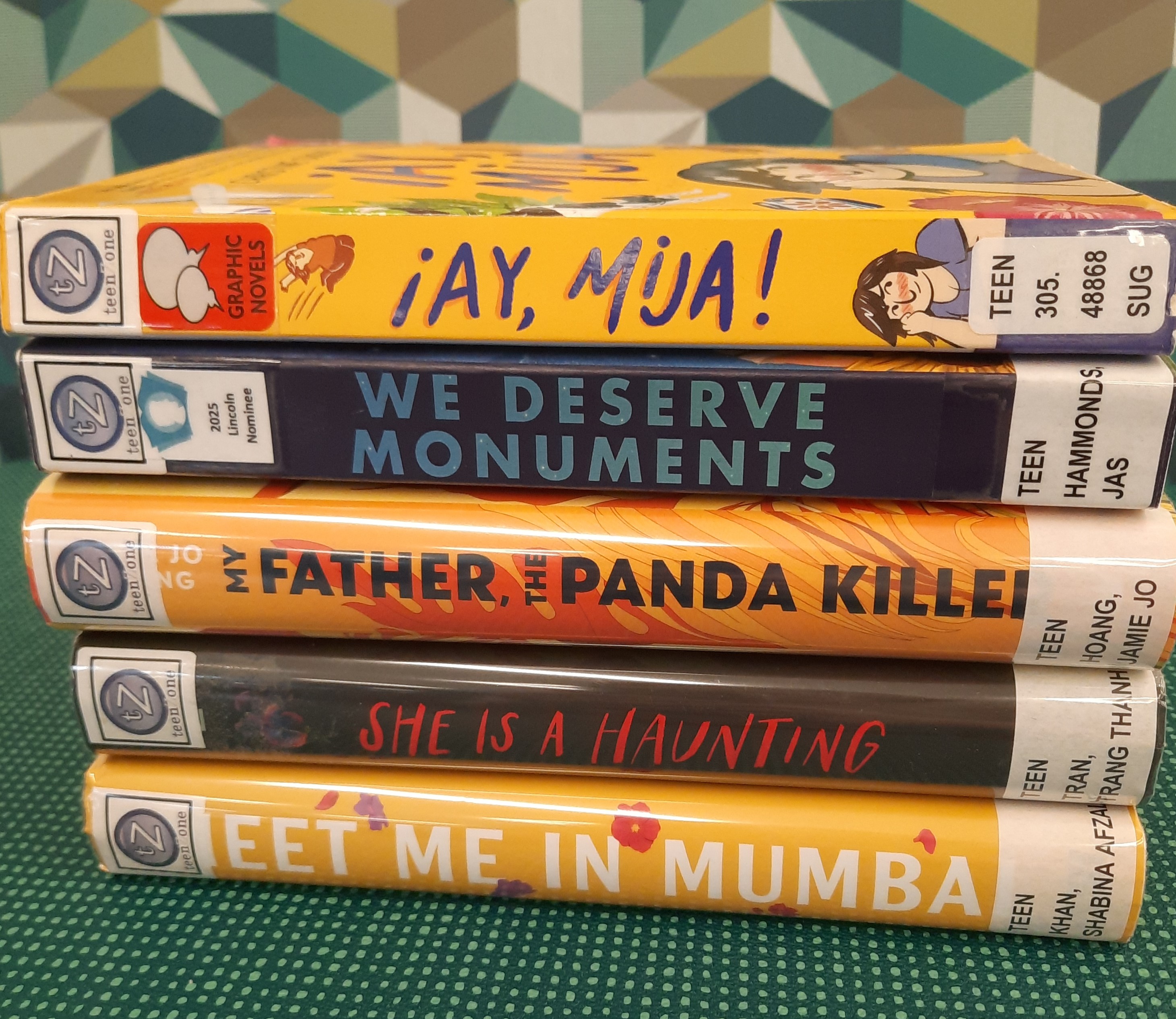 2025 March Book Stack Book Stack showing the following titles: "Ay, Mija," "We Deserve Monuments," "My Father, the Panda Killer," "She is a Haunting," and "Meet me in Mumba"