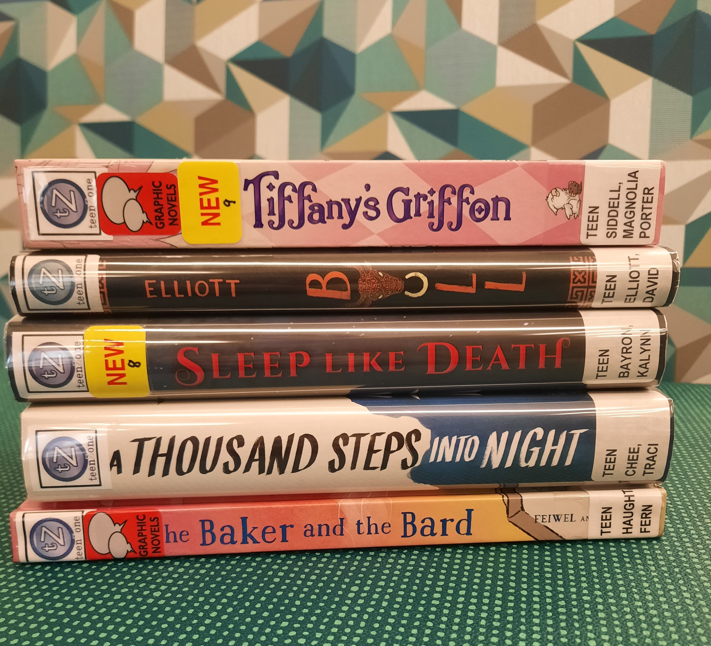 2025 November Book Stack Book Stack showing the following titles: "Tiffany's Griffon," "Bull," "Sleep Like Death," "A Thousand Steps into Night," and "The Baker and the Bard"