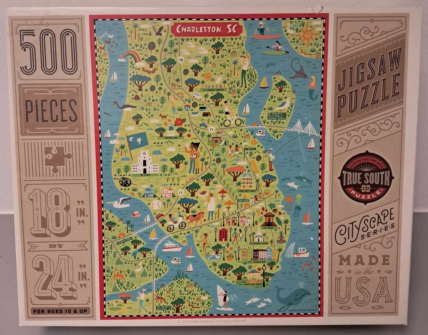 Puzzle cover showing an illustrated map of Charleston, South Carolina with different landmarks noted.