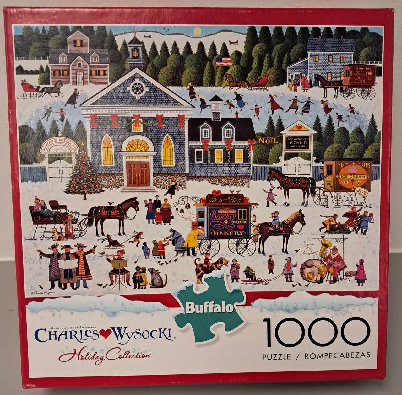 Puzzle cover showing an illustrated image of a churchyard with different horses and buggies and families.
