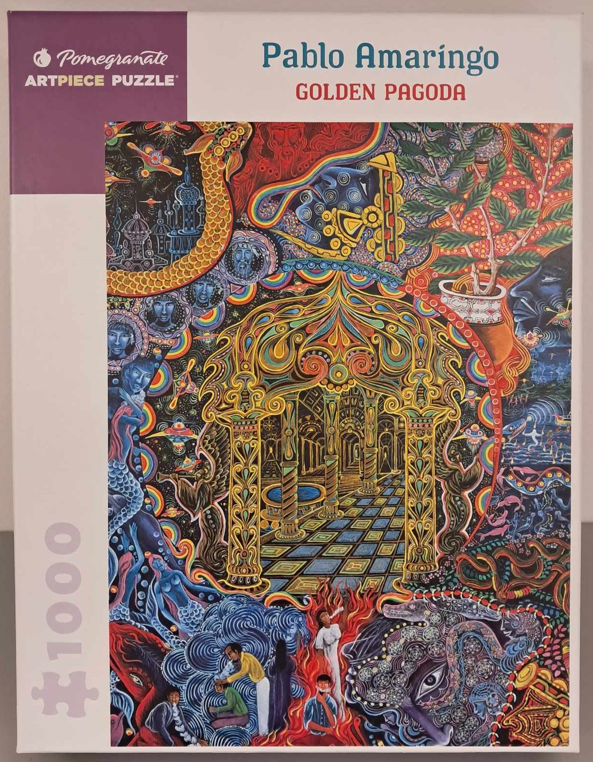 Puzzle cover showing an artistic drawing of a variety of geometric shapes and a golden doorway that leads into a hallway.