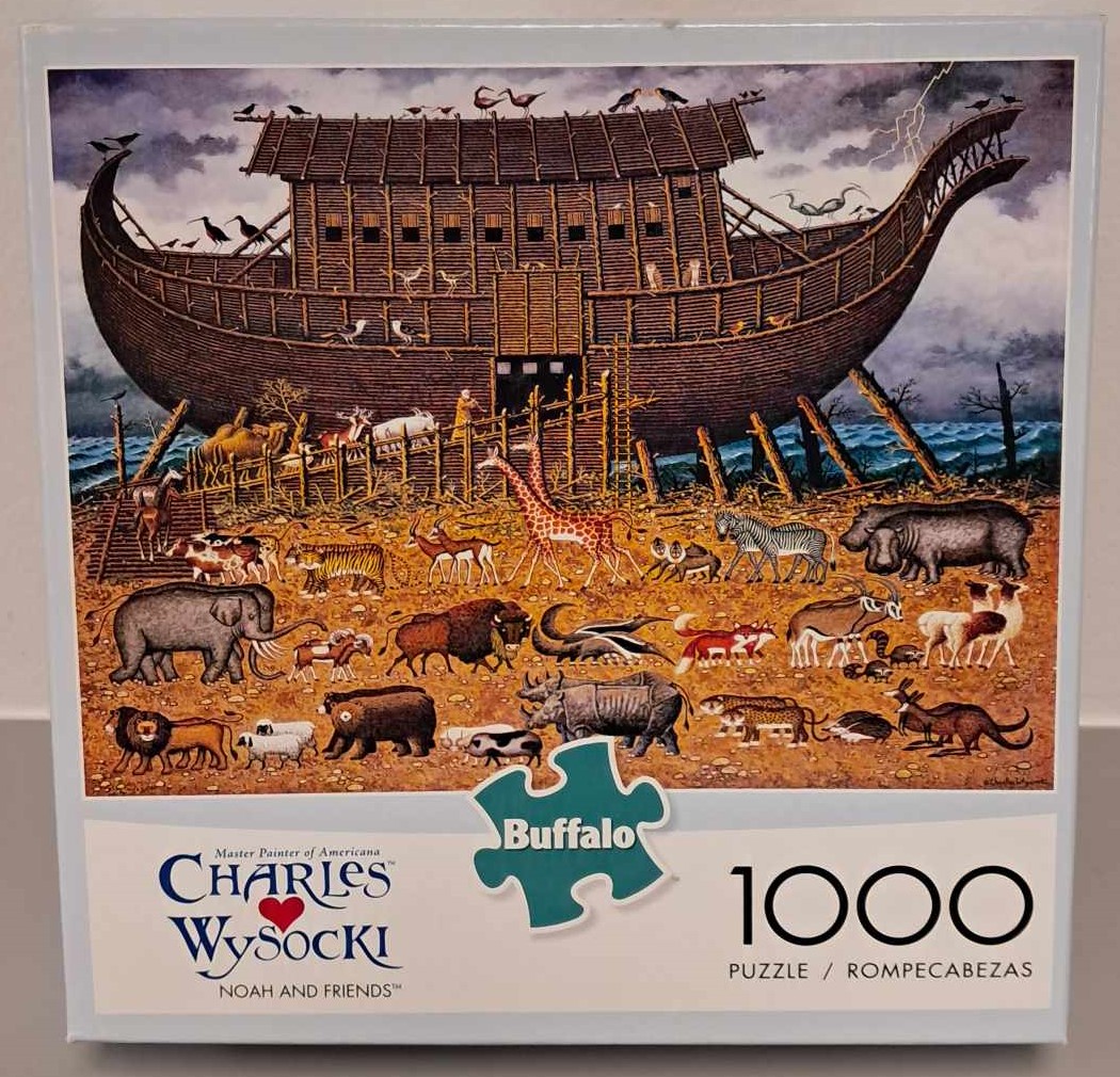 Puzzle cover showing an artistic drawing of the Bible story Noah's Ark as the animals line up to board the boat.