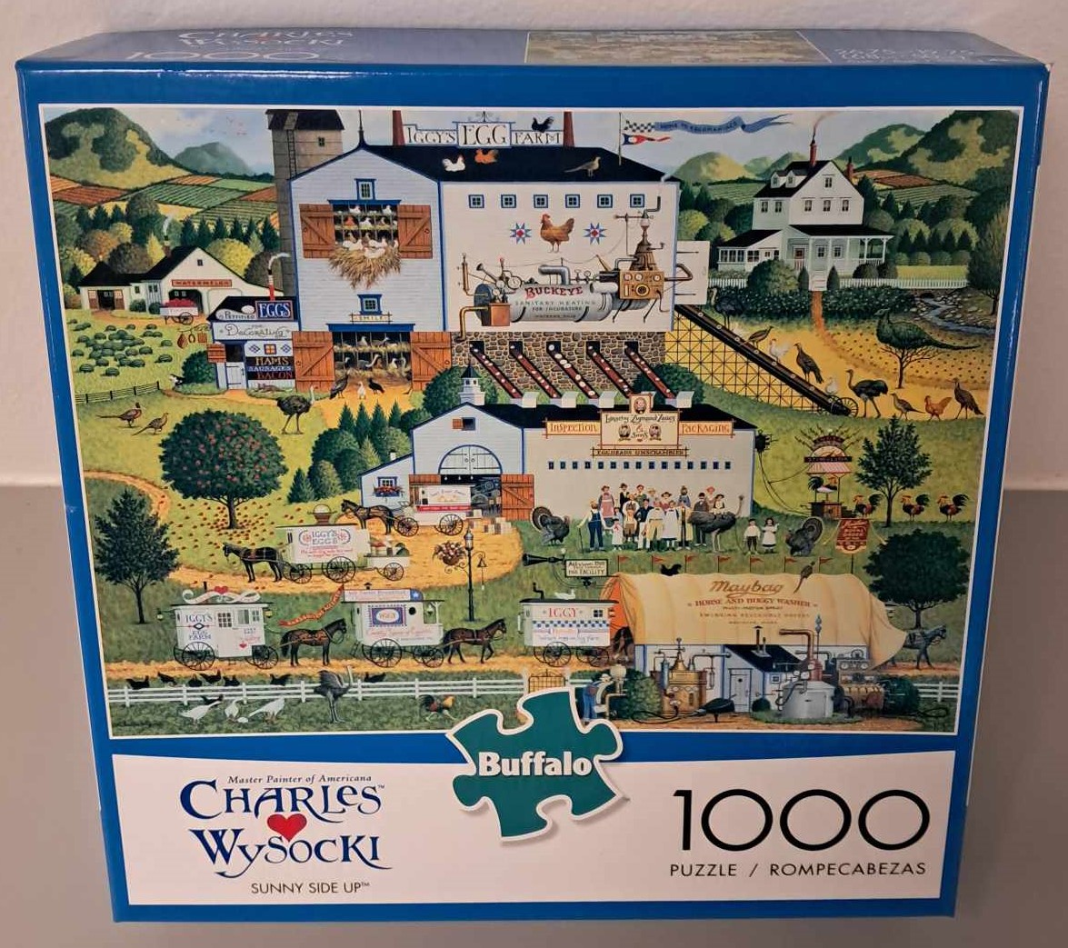 Puszle cover showing an illustration of an egg farm and horse drawn carriages being loaded up with the eggs to deliver.