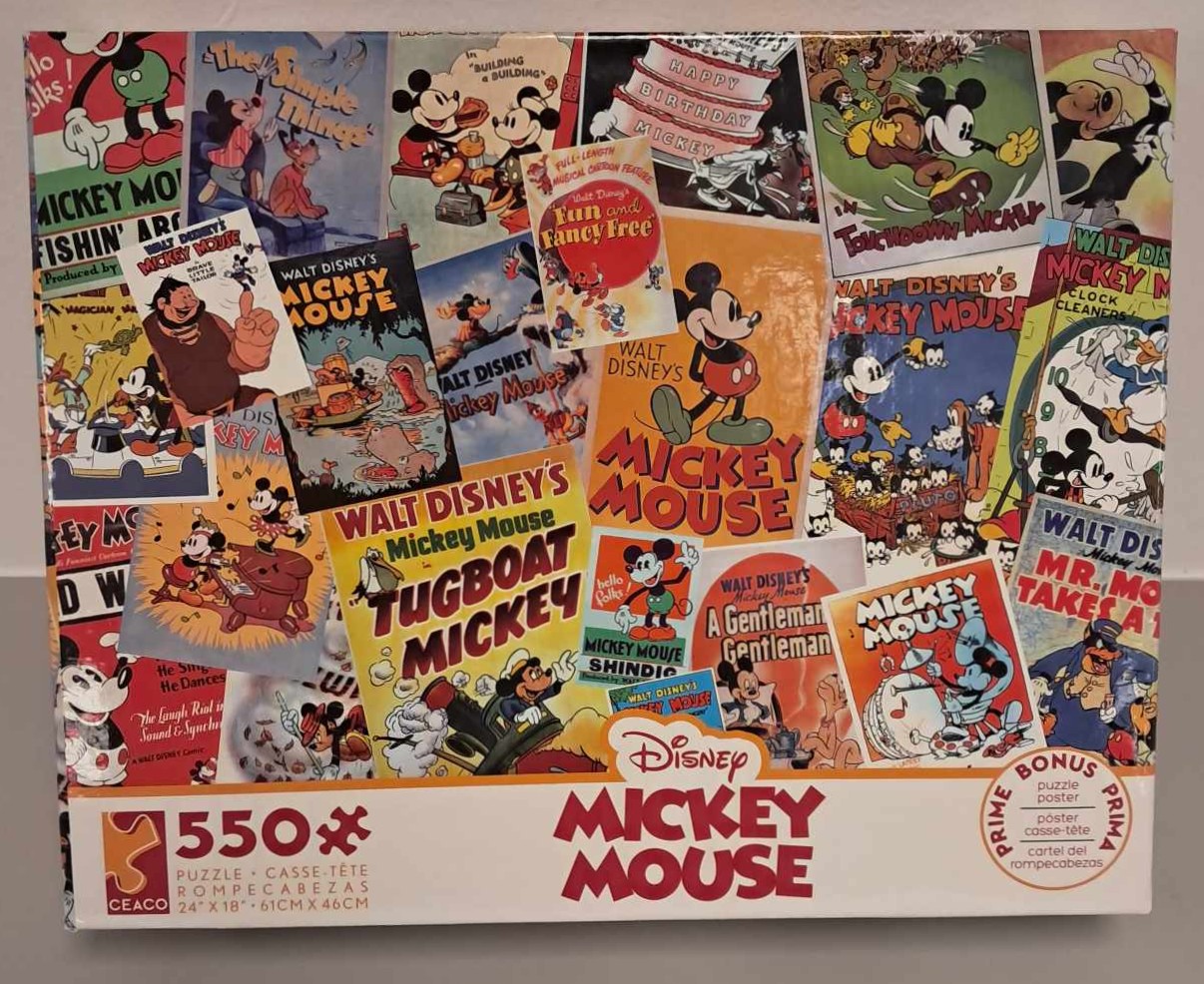 A puzzle cover showing a collage of different Mickey Mouse Flyers.