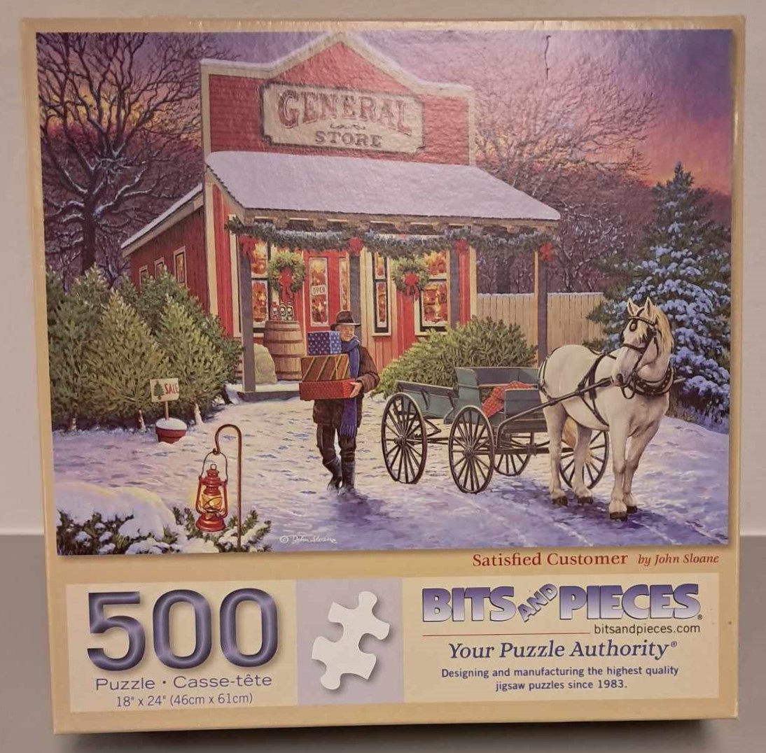 Puzzle cover showing a horse drawn carriage with a cut down pine tree in the back in front of a general store during the winter.