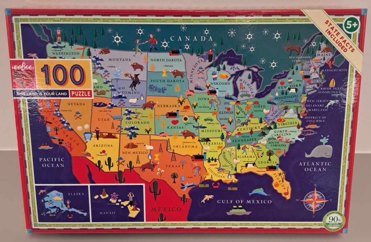 Puzzle cover showing an image of a map of the united states with different locations marked with an icon.