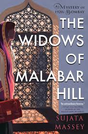 Front cover of the book, "The Widows of Malabar Hill" by Sujata Massey. Side profile of a woman carrying a briefcase and wearing a headscarf. 
