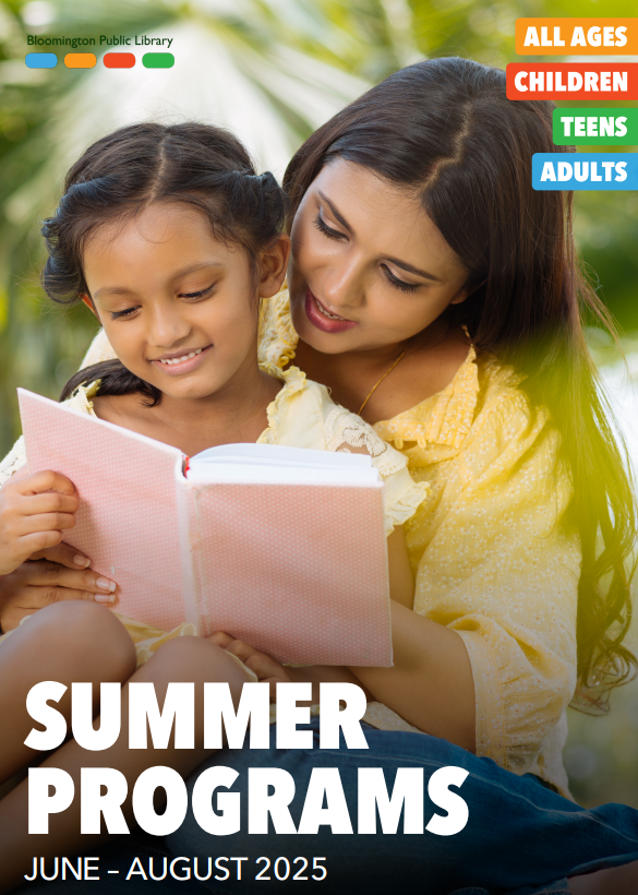 2025 Summer Program Guide Cover Image showing a young woman with a young girl sitting on her lap reading a book together.