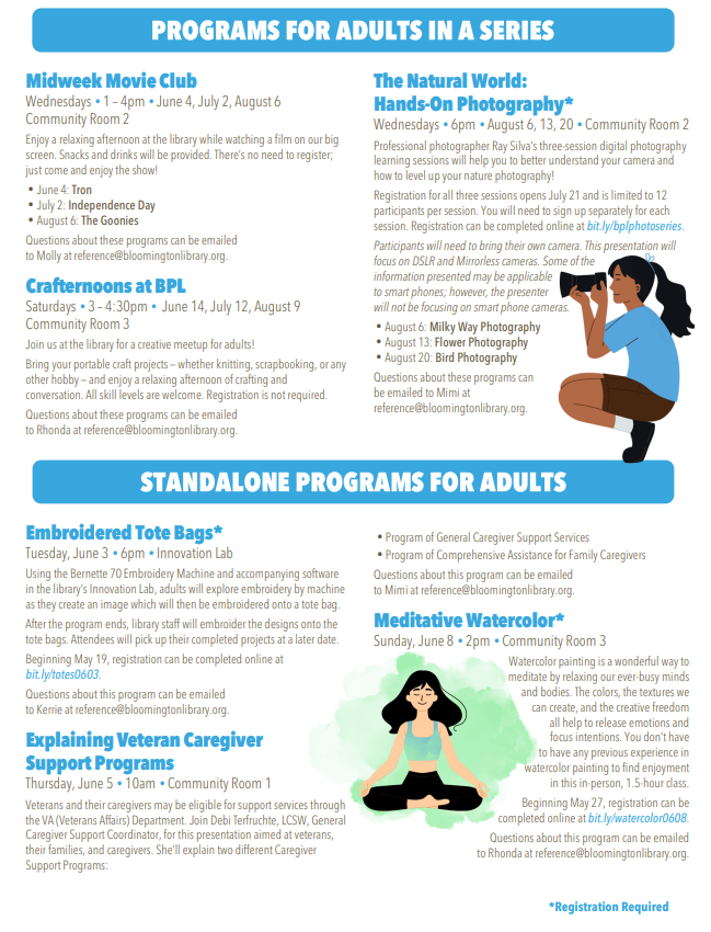 2025 Summer program listings for adult, first page