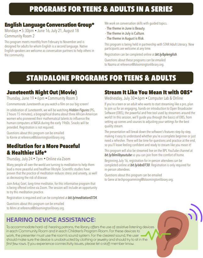2025 Summer program listings for teens and adults, first page
