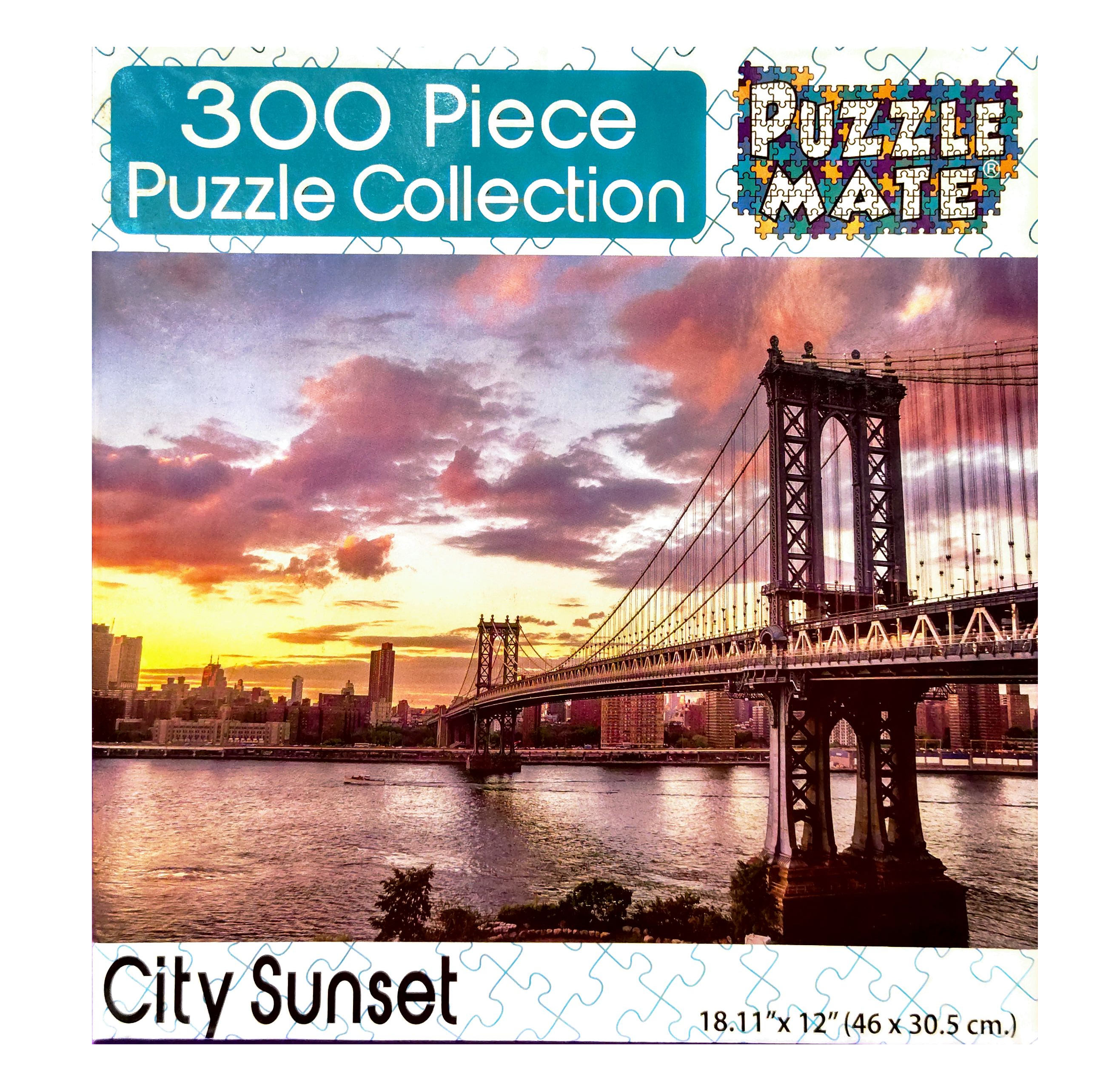 Puzzle cover showing an image of a city bridge and a river at sunset.