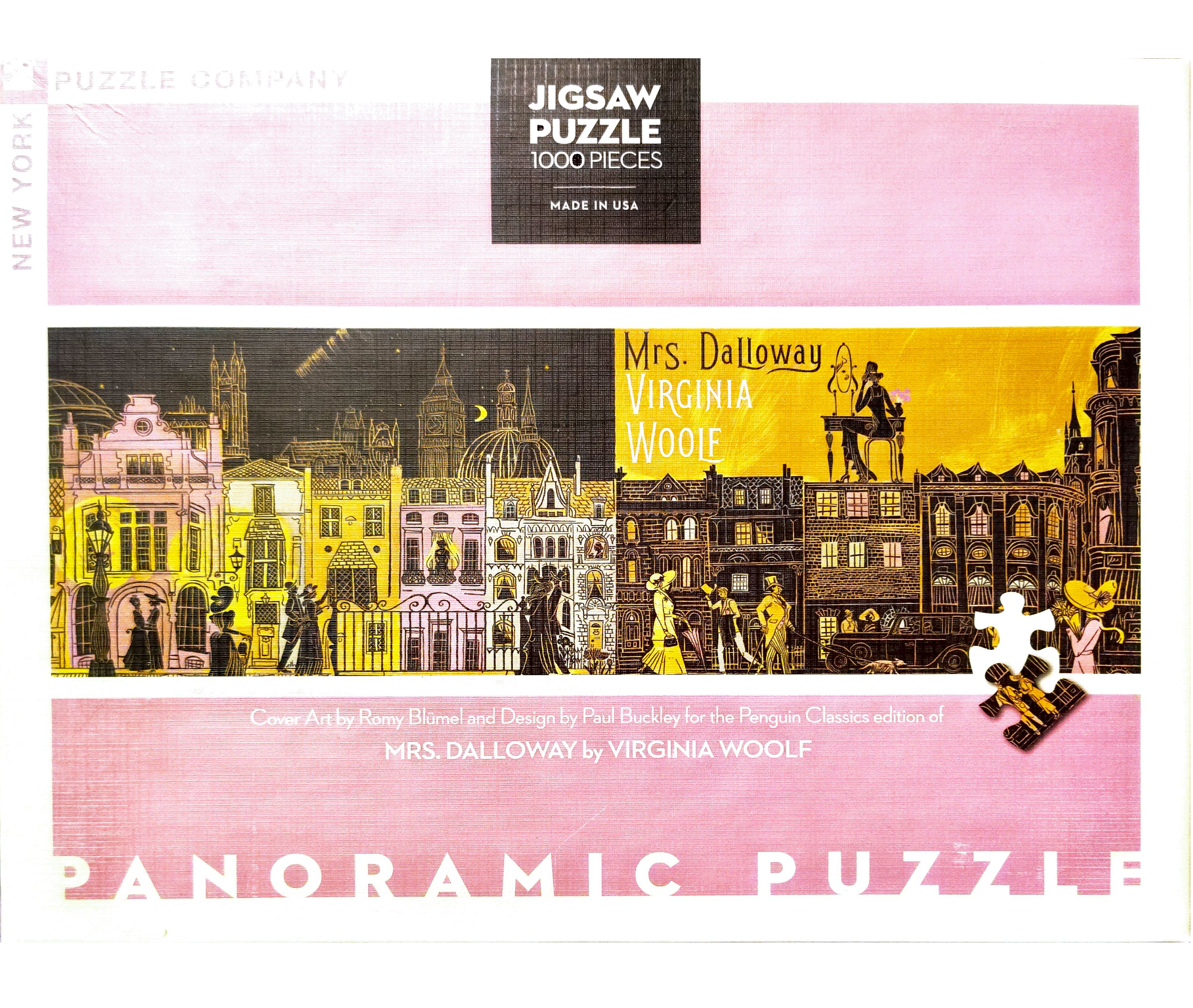 Puzzle cover showing an artistic drawing of a block of city buildings, some at night time, some during day time, with figures walking down the sidewalk.