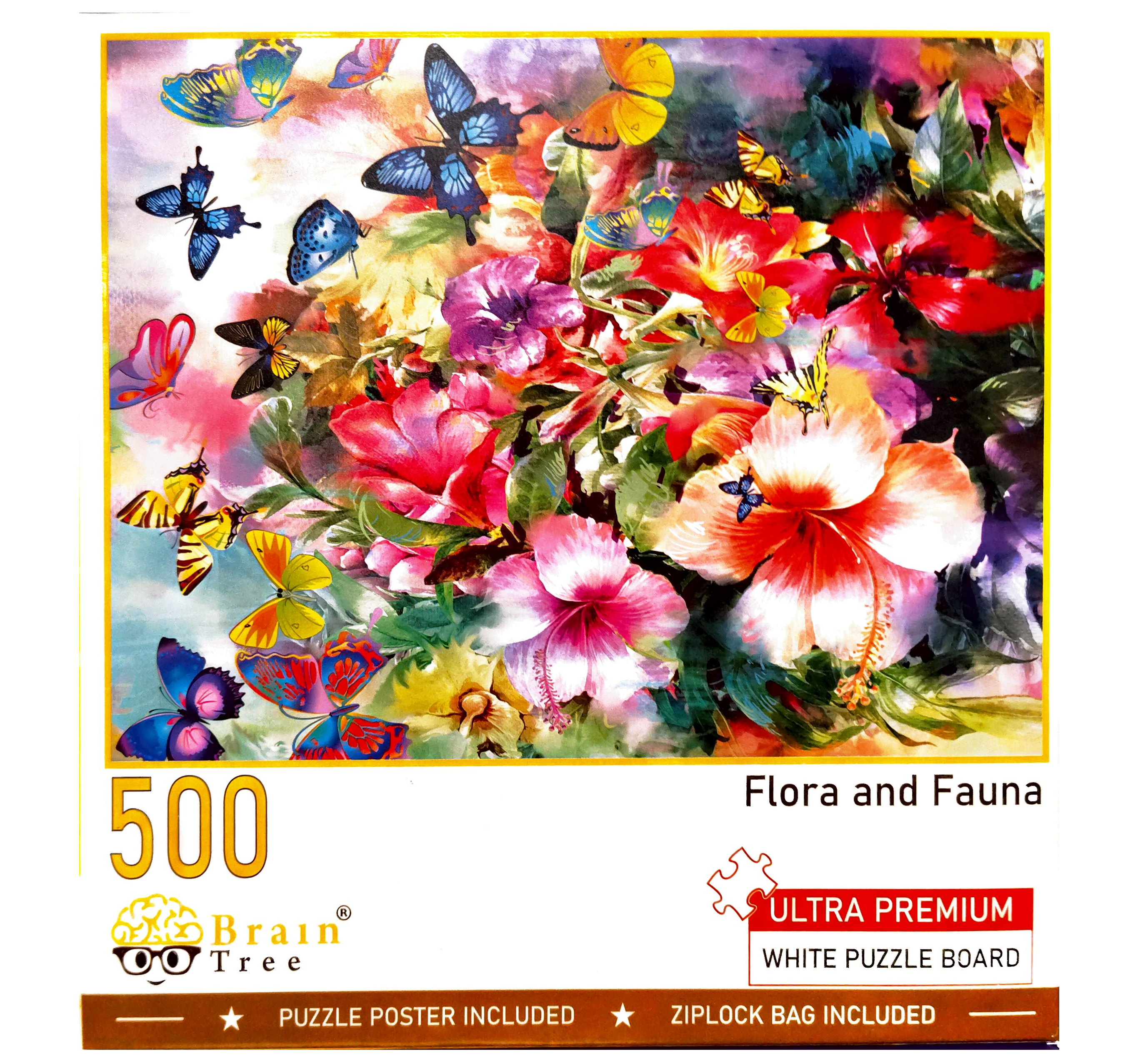 Puzzle cover of an image of brightly colored butterflies and flowers.