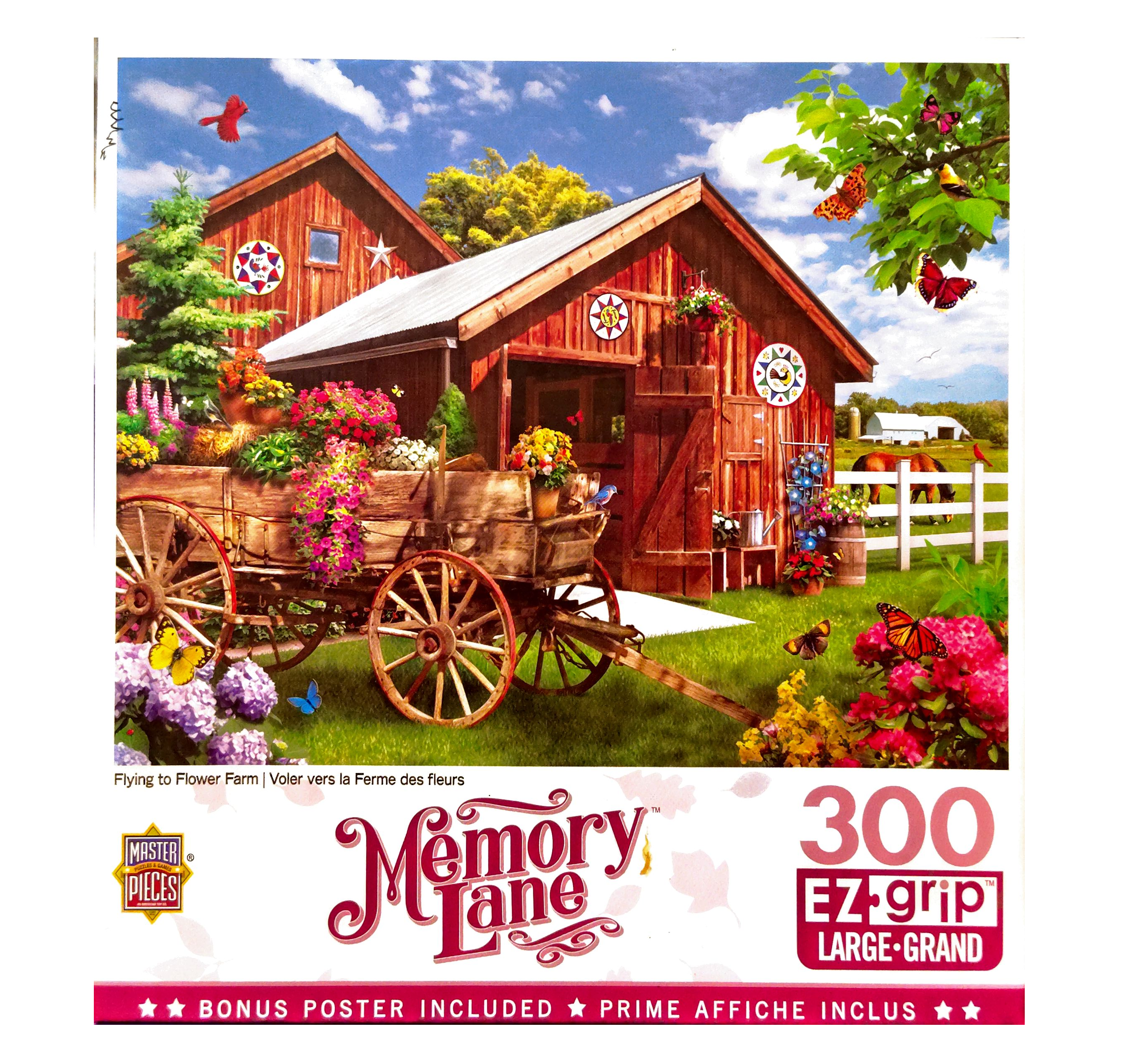 Puzzle cover showing an image of a farm building with a cart full of flowers.