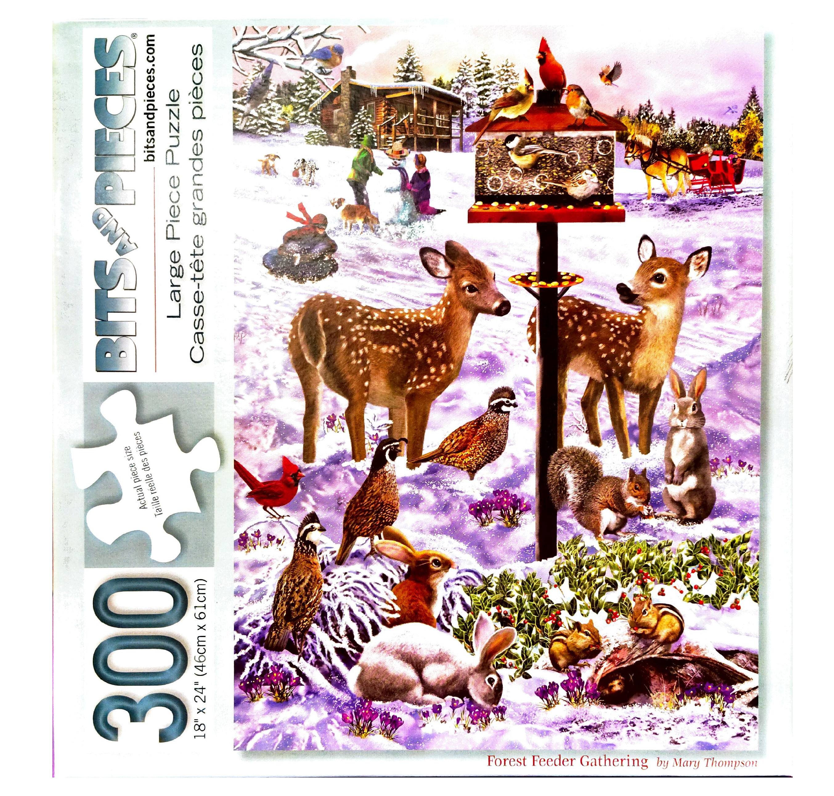 Puzzle cover showing different animals like deer, rabbits and birds around an animal feeder during winter.