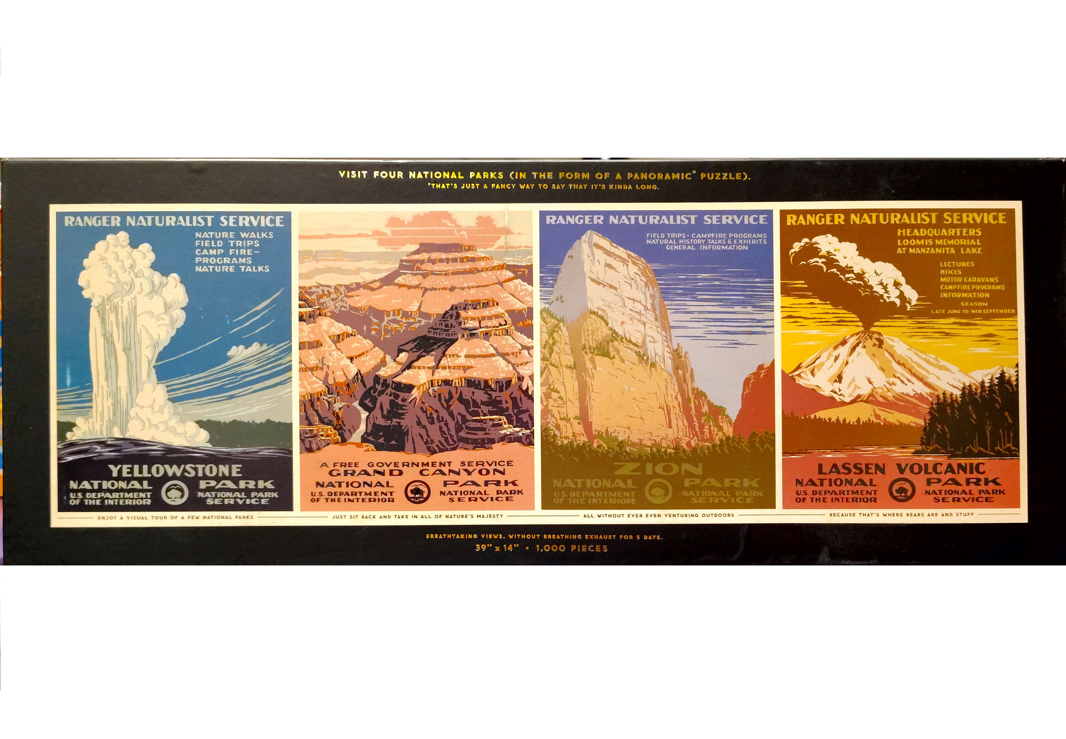 Puzzle cover showing 4 posters for different national parks with drawings of notable locations at these parks. The parks are, Yellowstone, Grand Canyon, Zion, and Lassen Volcanic.
