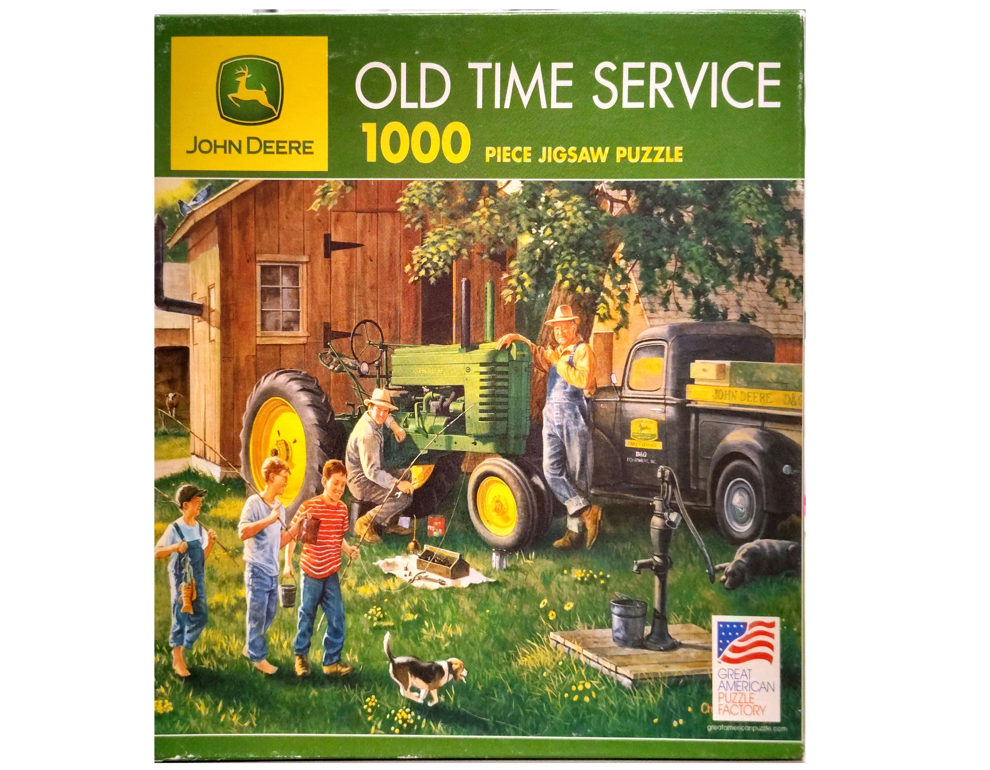 Puzzle cover showing a man standing near a tractor while three boys with fishing poles walk past.