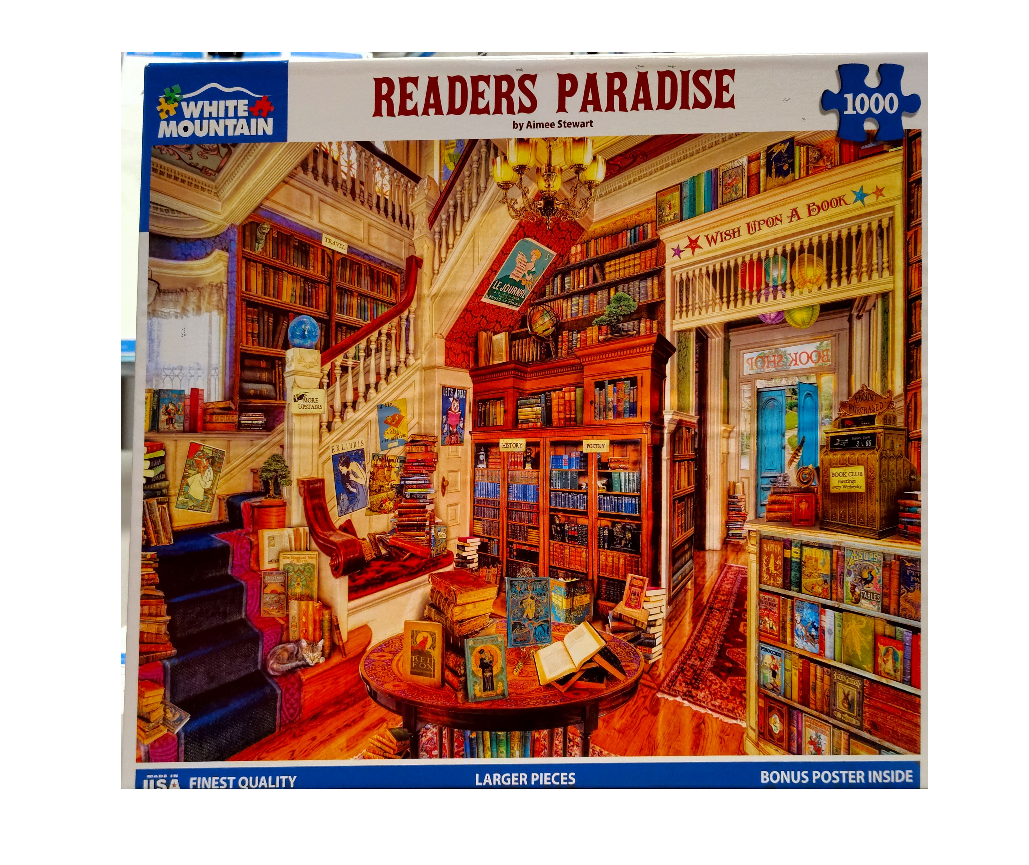 Puzzle cover showing a room with walls covered in shelves stuffed with books and a table displayed with books.