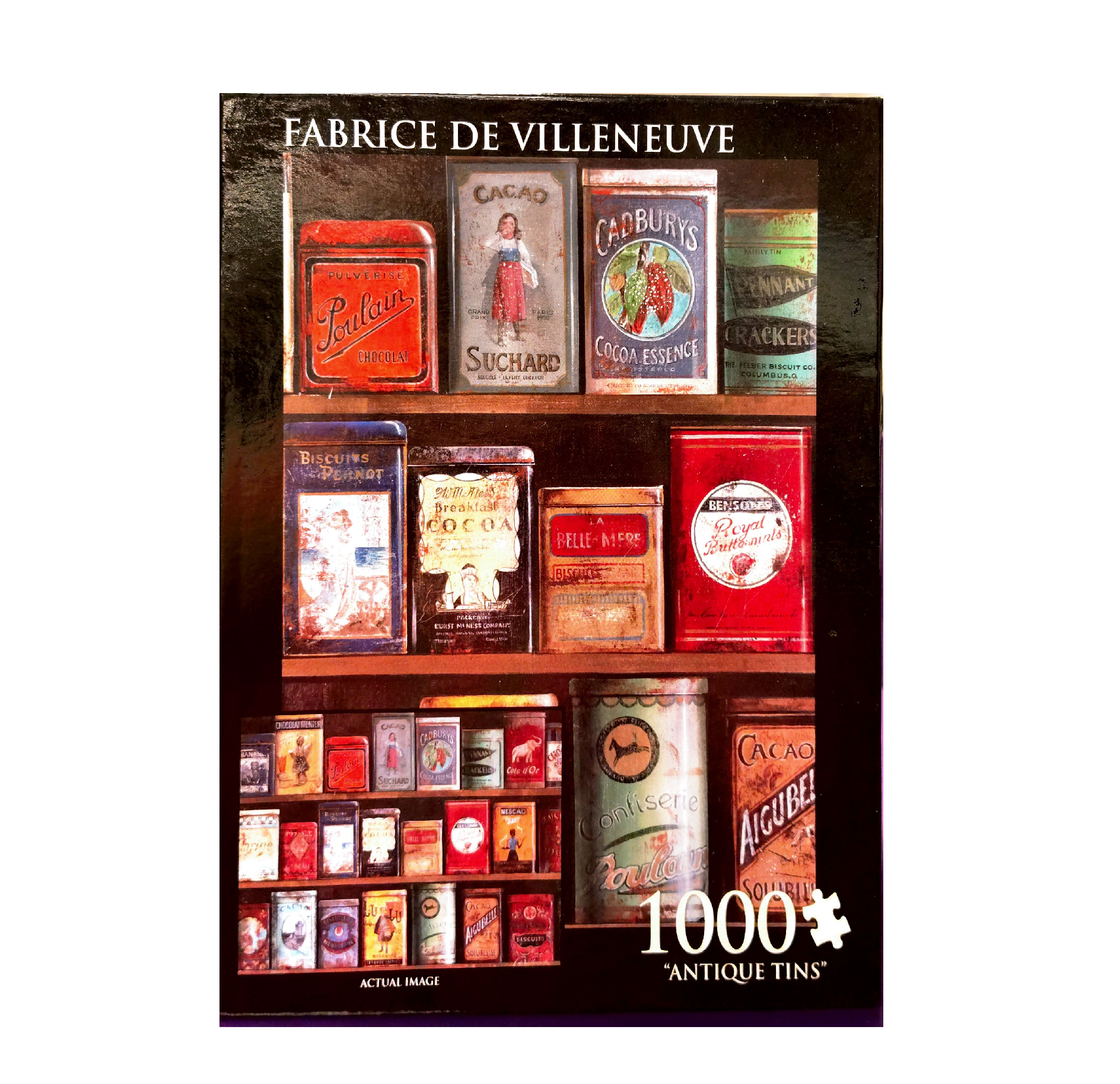 Puzzle cover showing an image of old versions of tin cups with various brand logos.