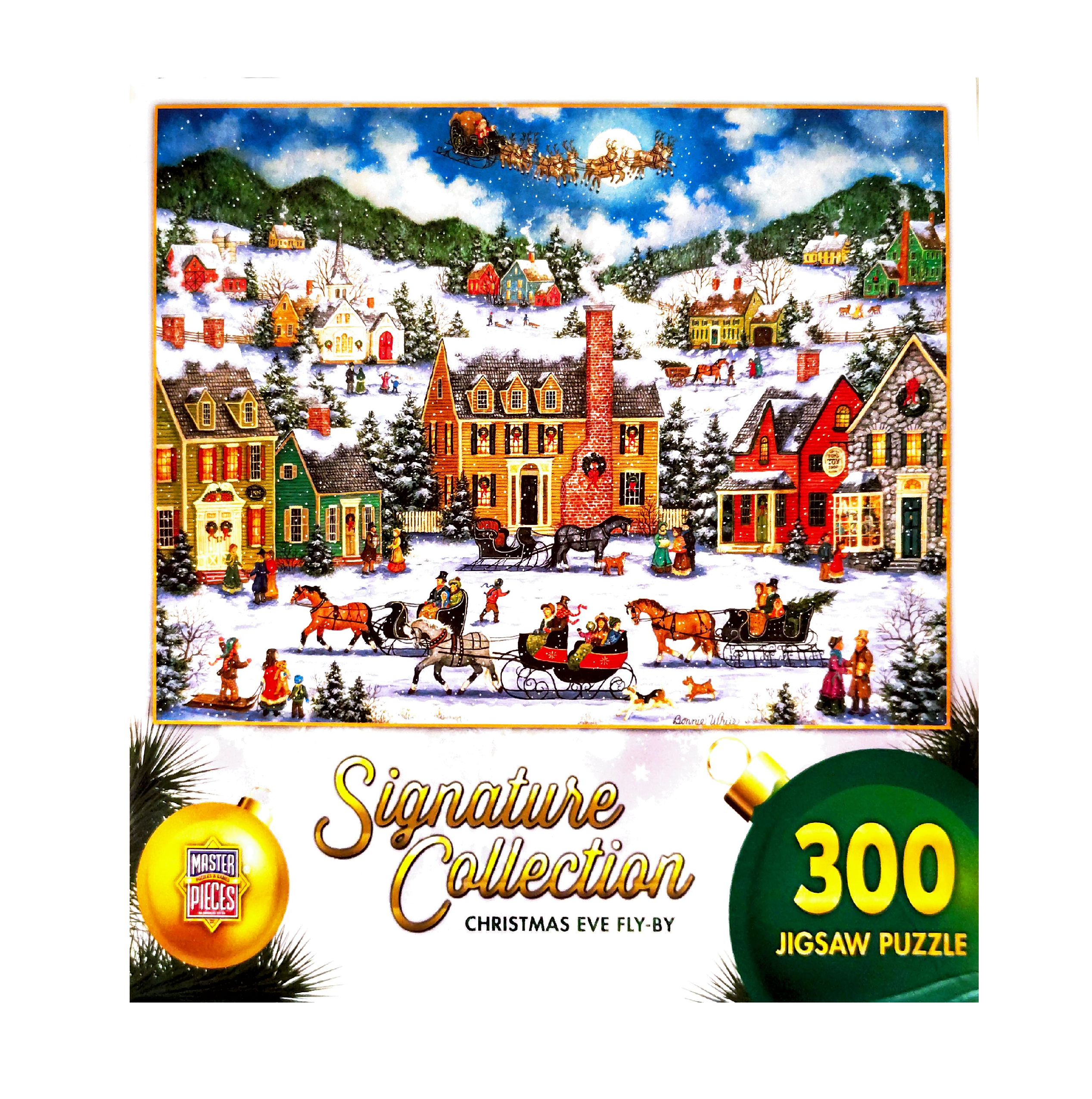 Puzzle cover showing an artistic drawing of a town decorated for the Christmas Holiday while Santa and the Reindeer fly past in the sky in the background.
