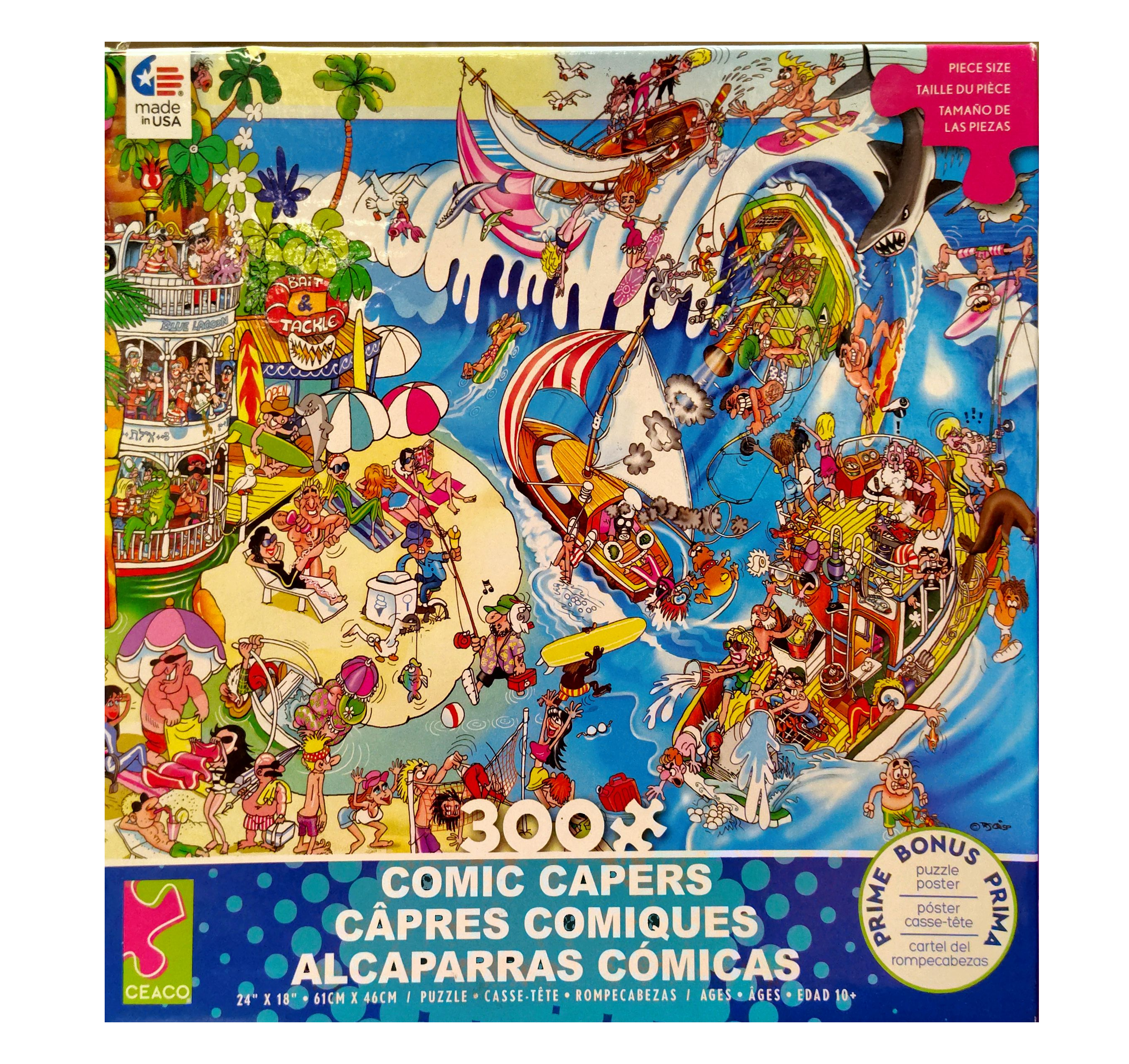 Puzzle cover showing an artistic drawing of a beach with various people sun bathing, surfing, and ships out sailing.