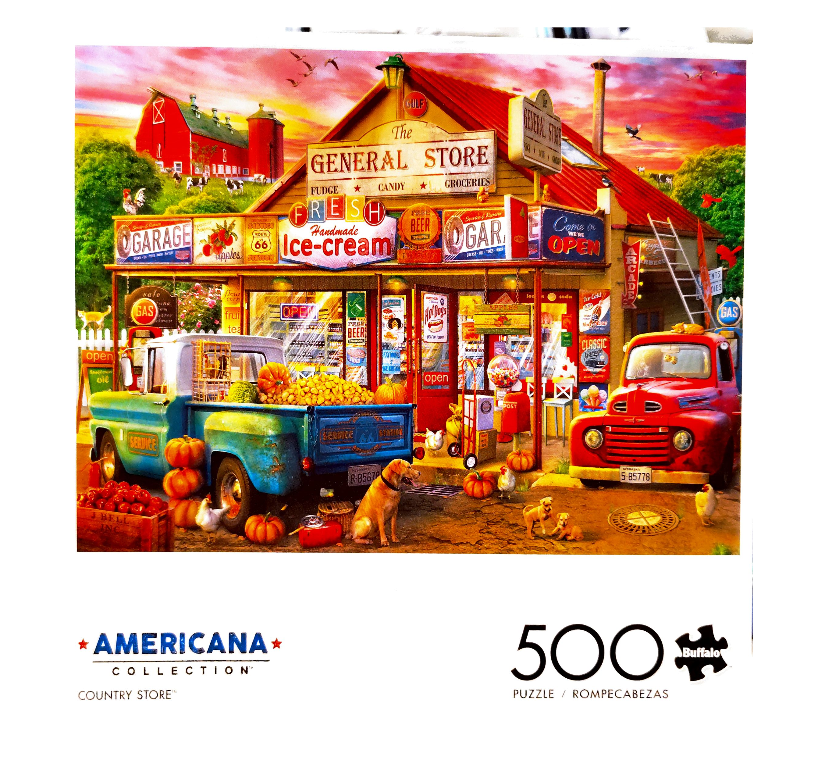 Puzzle cover showing an artistic drawing of a general store with old style trucks sitting outside.