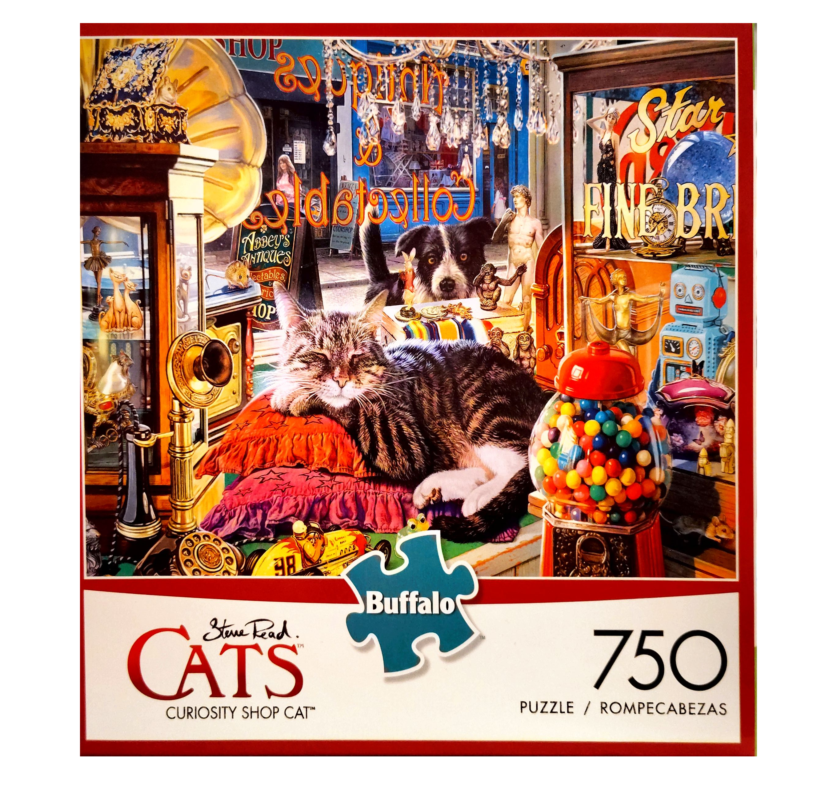 Puzzle cover showing an image of a tabby cat napping in the window of a business that sells an assortment of items.