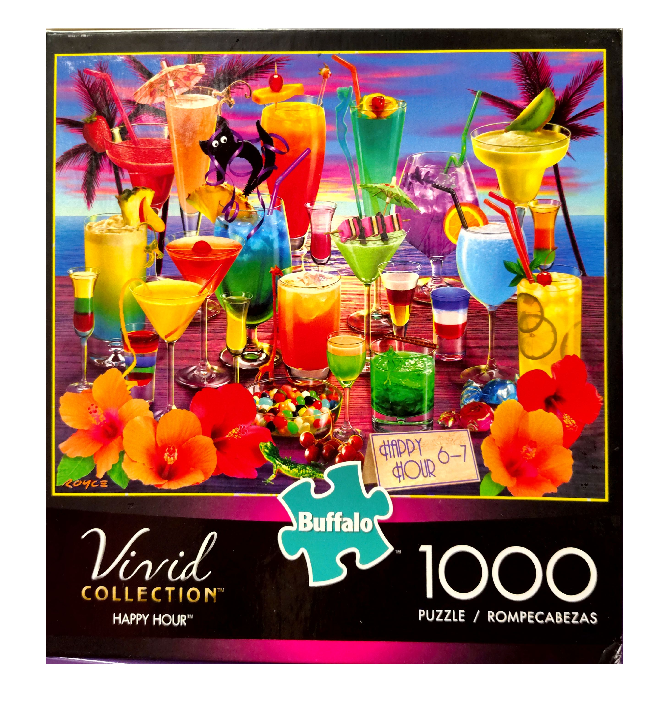 Puzzle cover showing an image of various beverages in bright colors in different sized glasses.