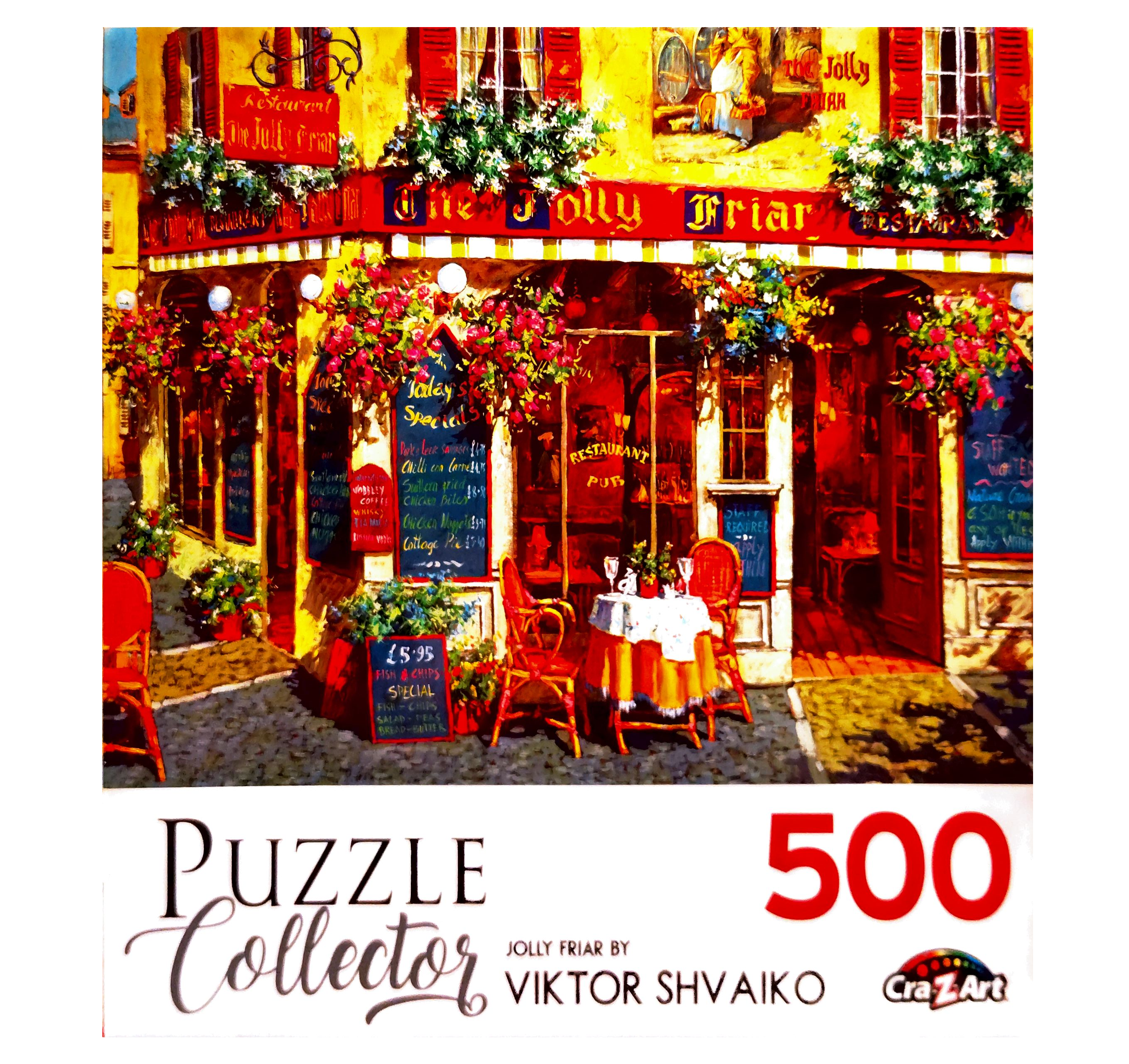Puzzle cover showing an artistic drawing of outdoor seating at a cafe with different hanging planters overflowing with flowers.