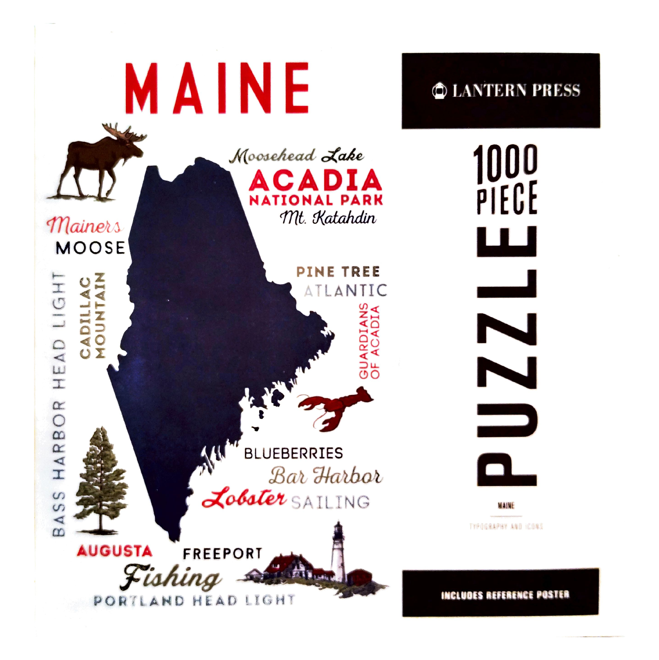 Image of a puzzle cover showing the outline of the state, Maine with popular locations like Freeport, Augusta, Bar Harbor, Mt. Katahdin, Acadia National Park, Cadillac Mountain and Bass Harbor Head Light.