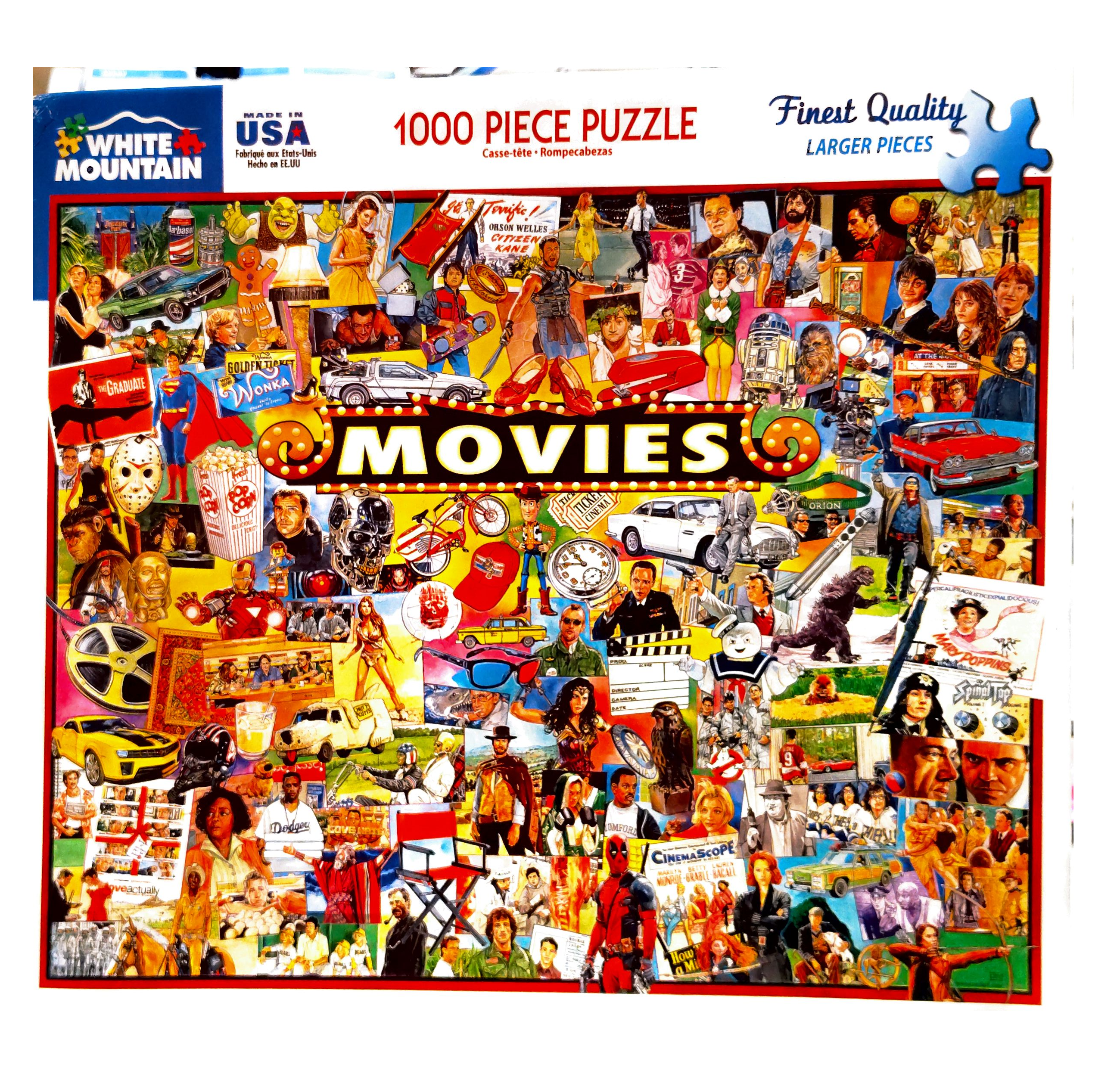 Puzzle cover showing famous movie posters like Godzilla, Deadpool, Wonder woman, Katniss from The Hunger Games and more. 