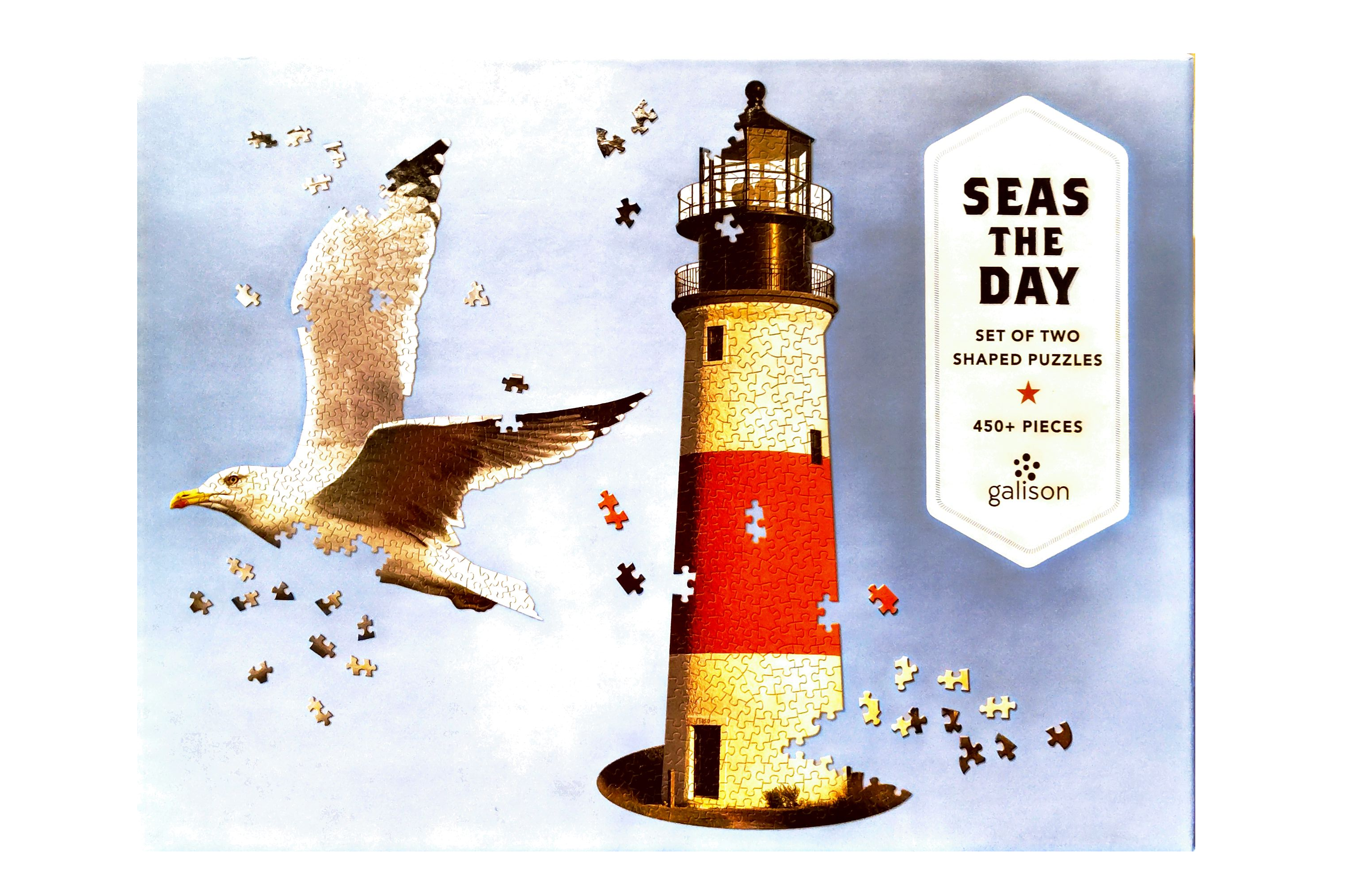 Two puzzles, one in the shape of a seagull the other in the shape of a light house.