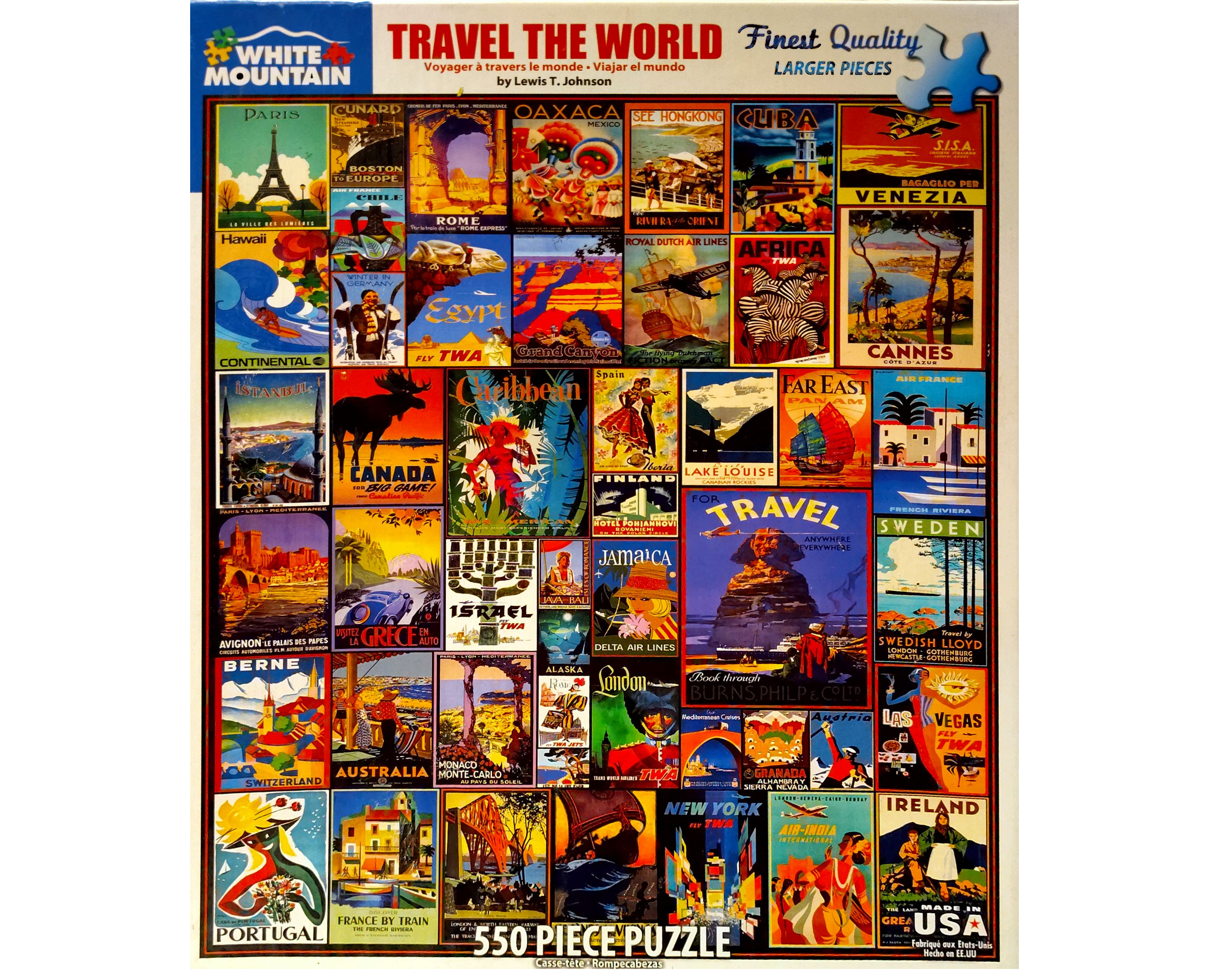 Puzzle cover showing different location travel posters. Some locations include Canada, Australia, Portugal, Egypt, Venezia, and Las Vegas.