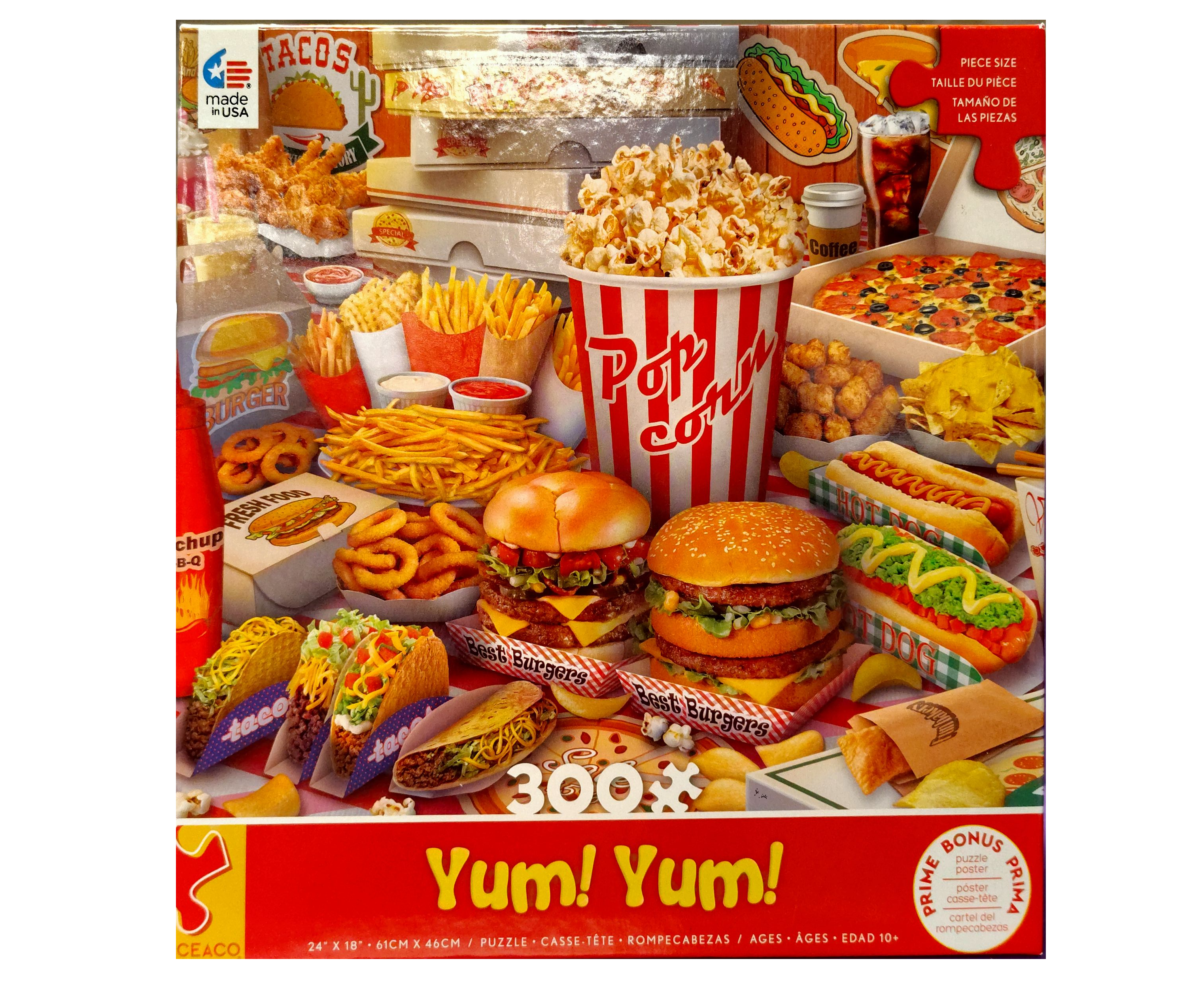 Picture of a puzzle cover showing different fast foods like burgers, hot dogs, pizza, tacos, and fries.