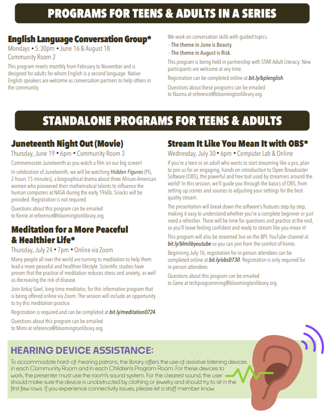 2025 Summer program listings for teens and adults, first page