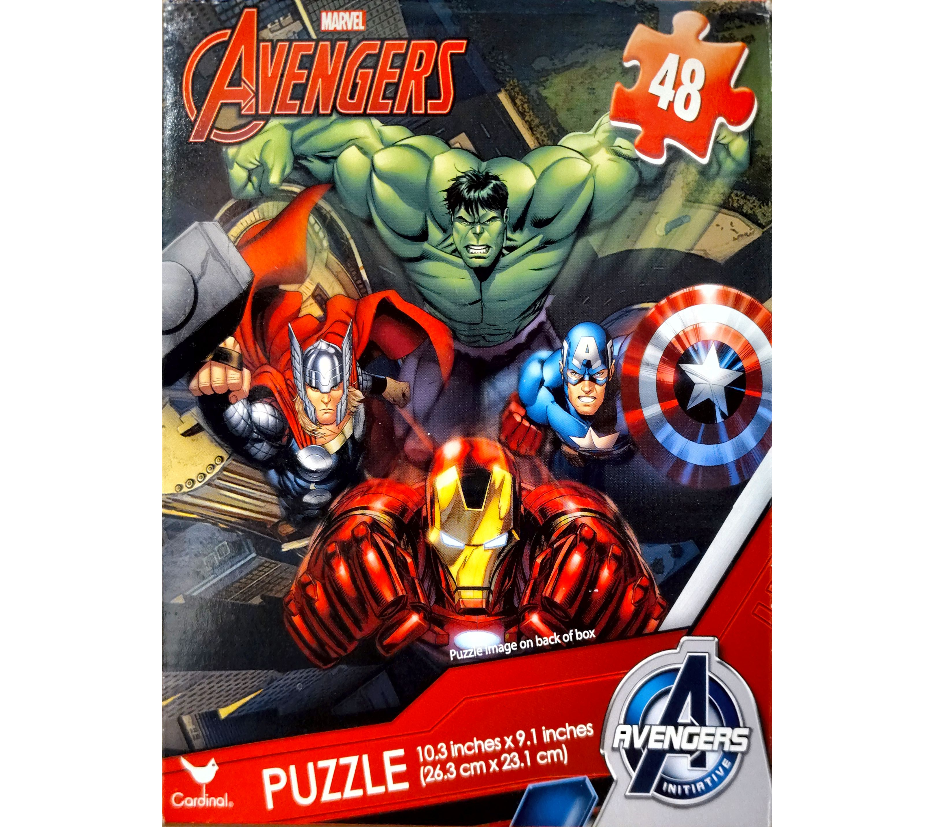 Puzzle cover showing illustrations of Ironman, Captain America, Thor, and The Incredible Hulk.