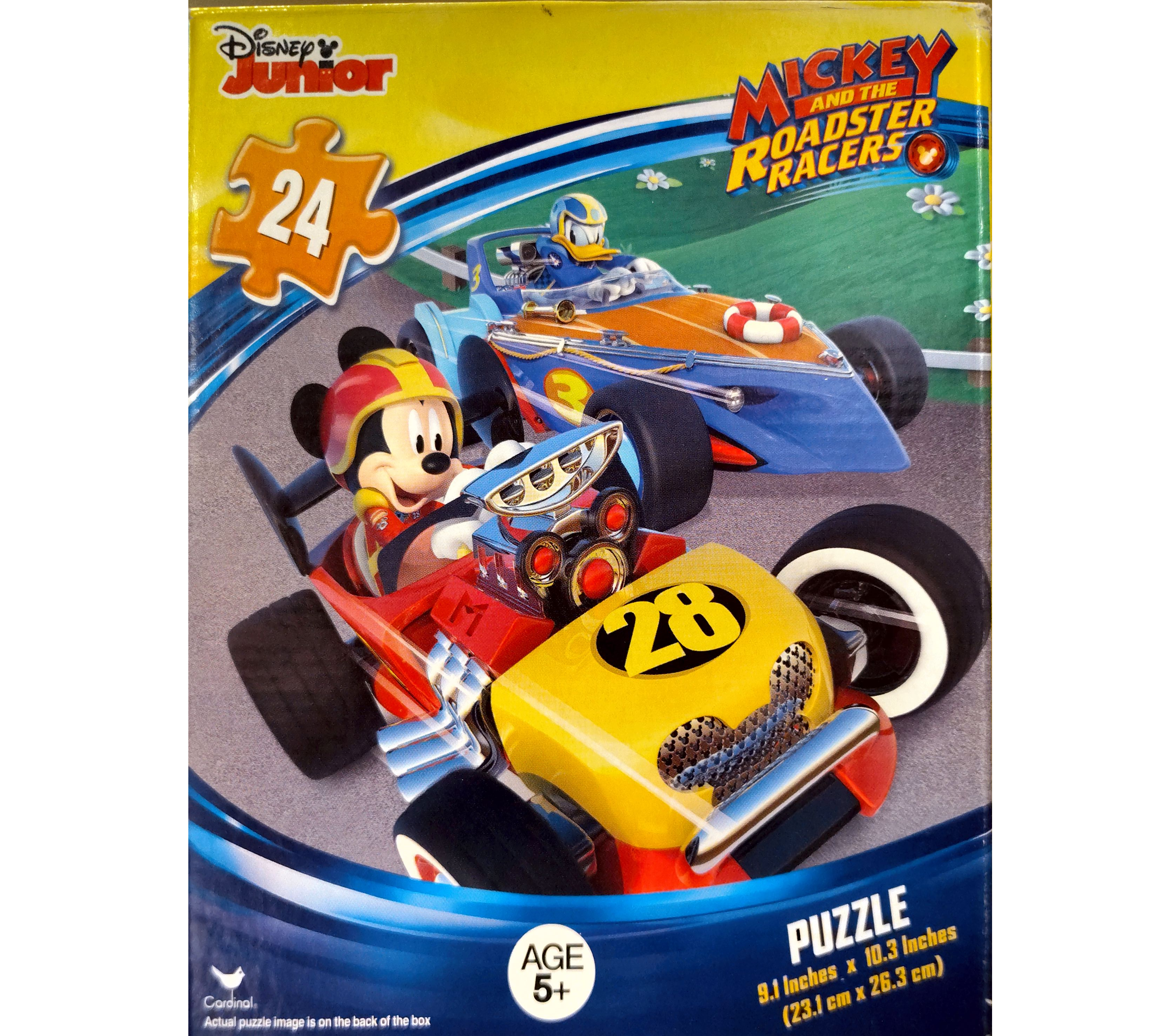 Puzzle cover showing an illustration of Mickey Mouse and Donald Duck racing in cars.