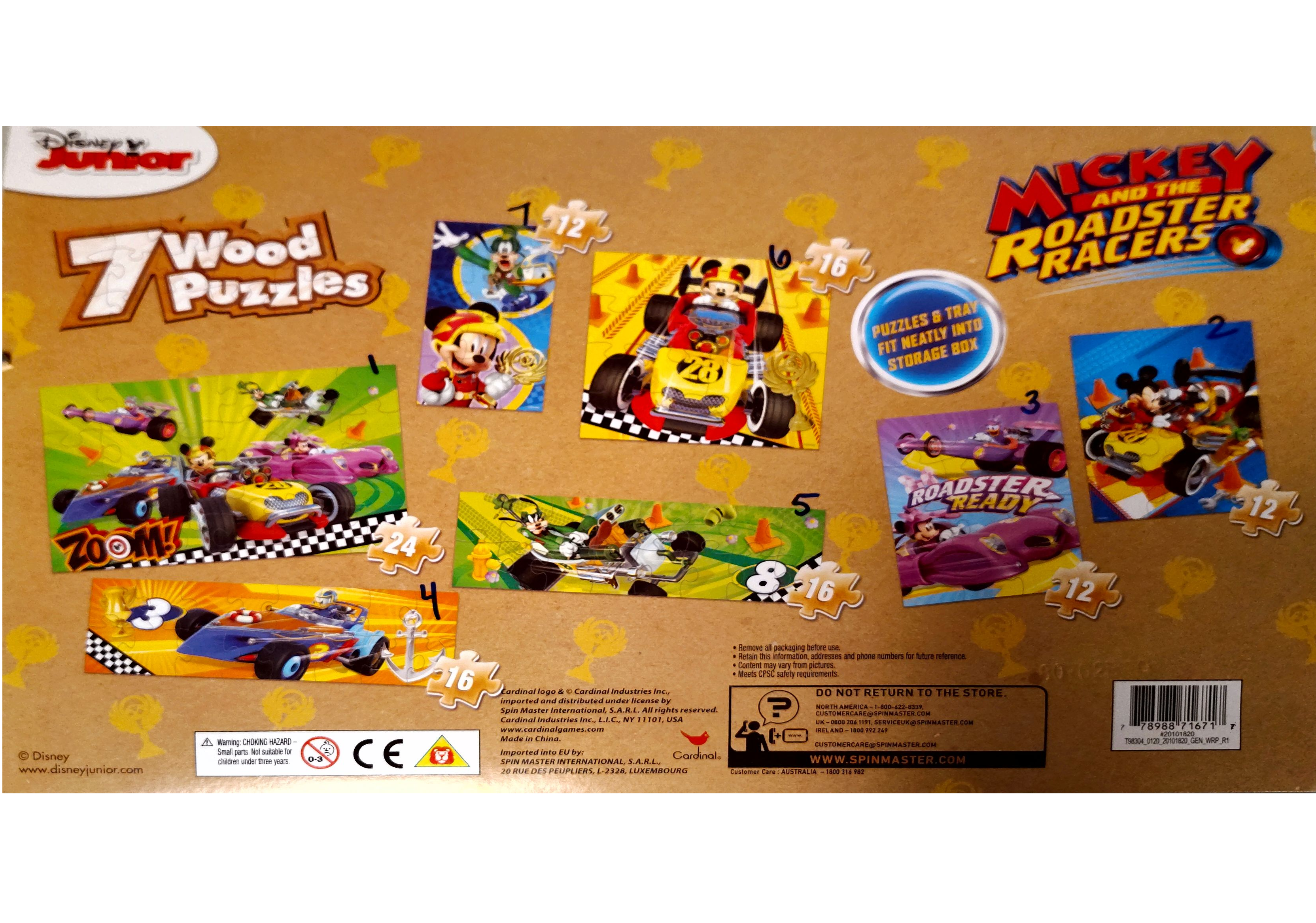 Puzzle cover showing 7 images of Mickey Mouse and different characters in race cars. Each image is a separate mini puzzle.