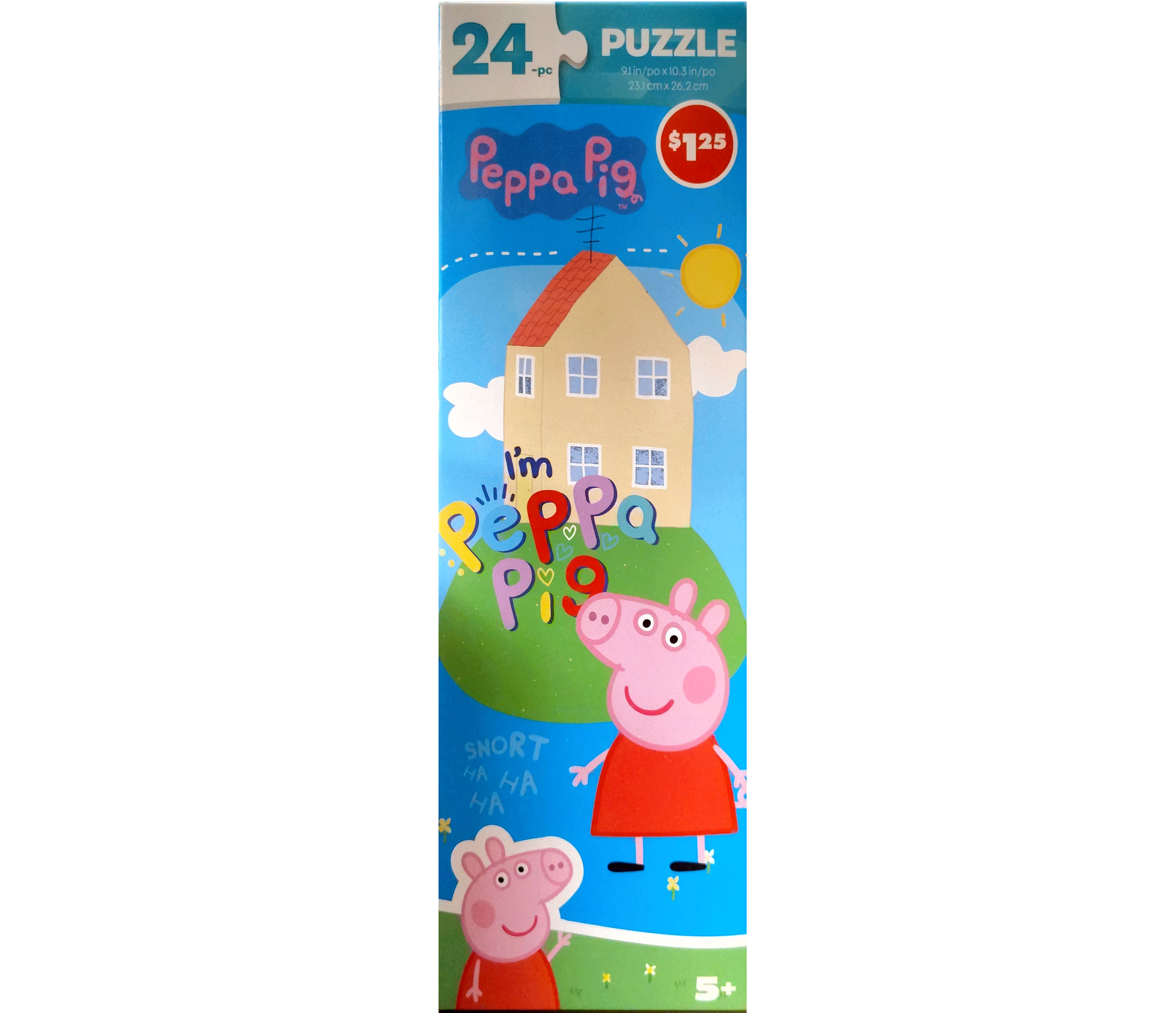 Puzzle cover showing an illustration of the cartoon characters from Peppa Pig in front of a house.