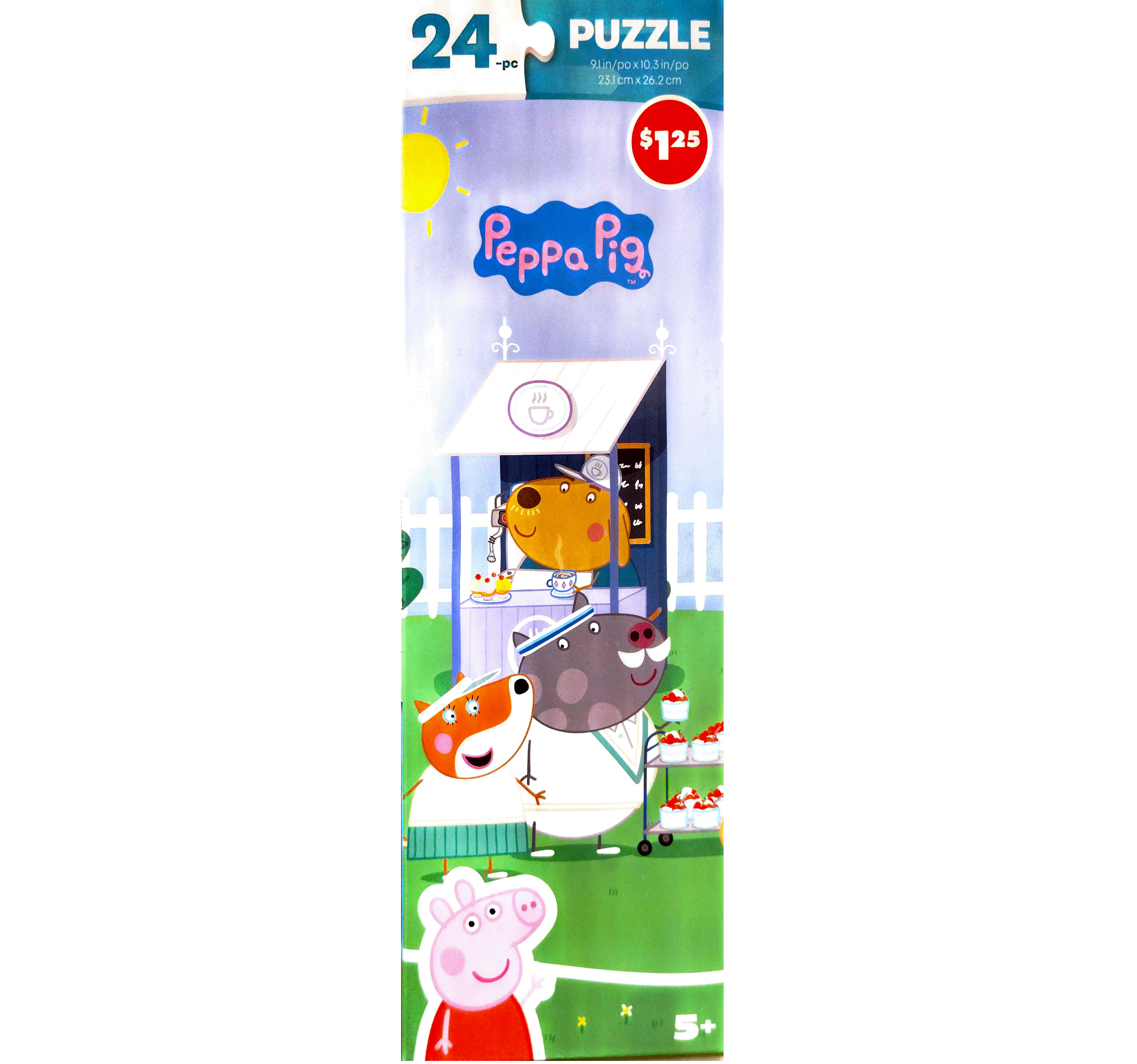 Puzzle cover of illustrated characters from the cartoon Peppa pig and they are stopping in front of a cafe getting some treats.