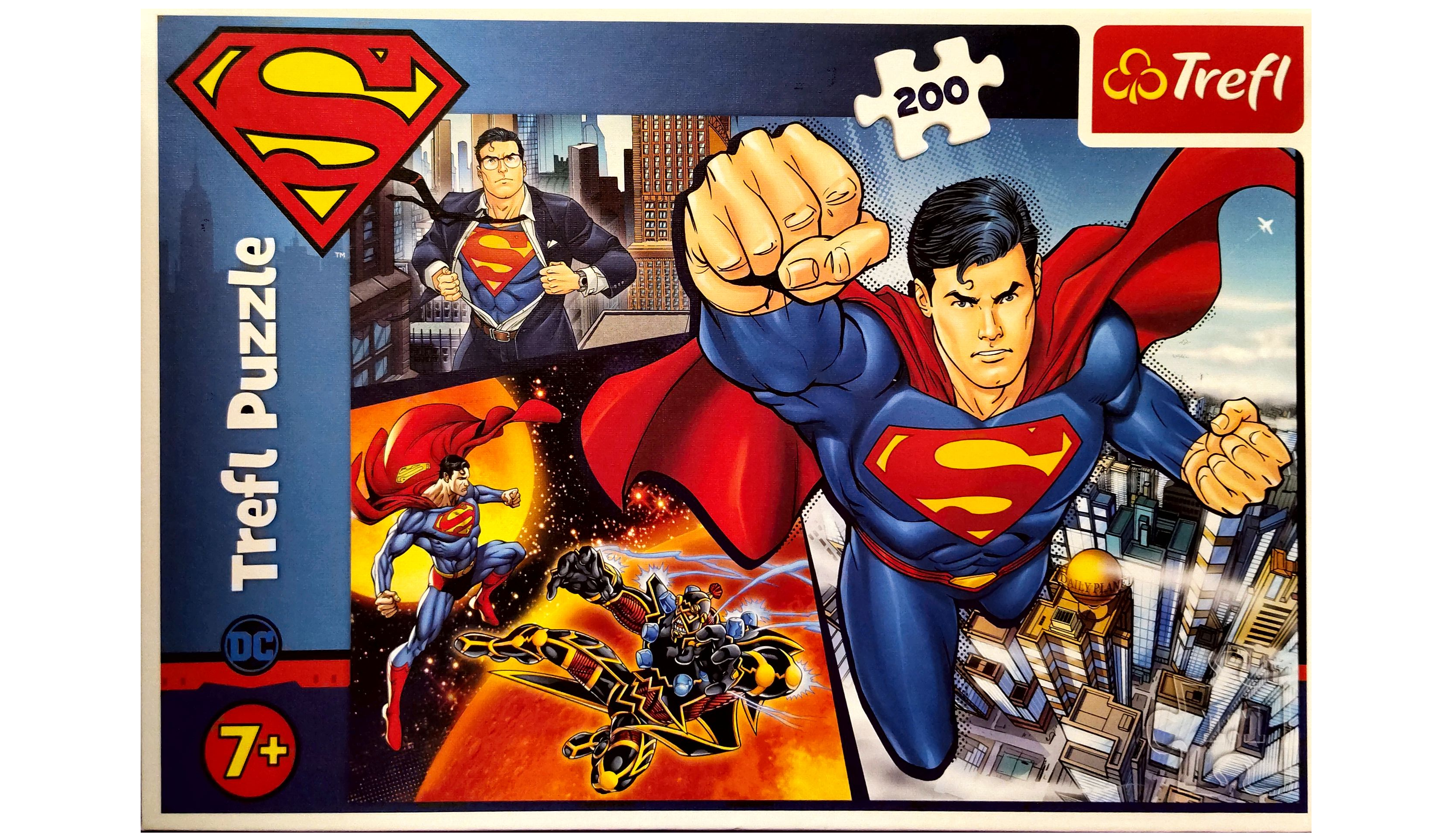 Puzzle cover showing different illustrations of superman flying, running, and fighting.