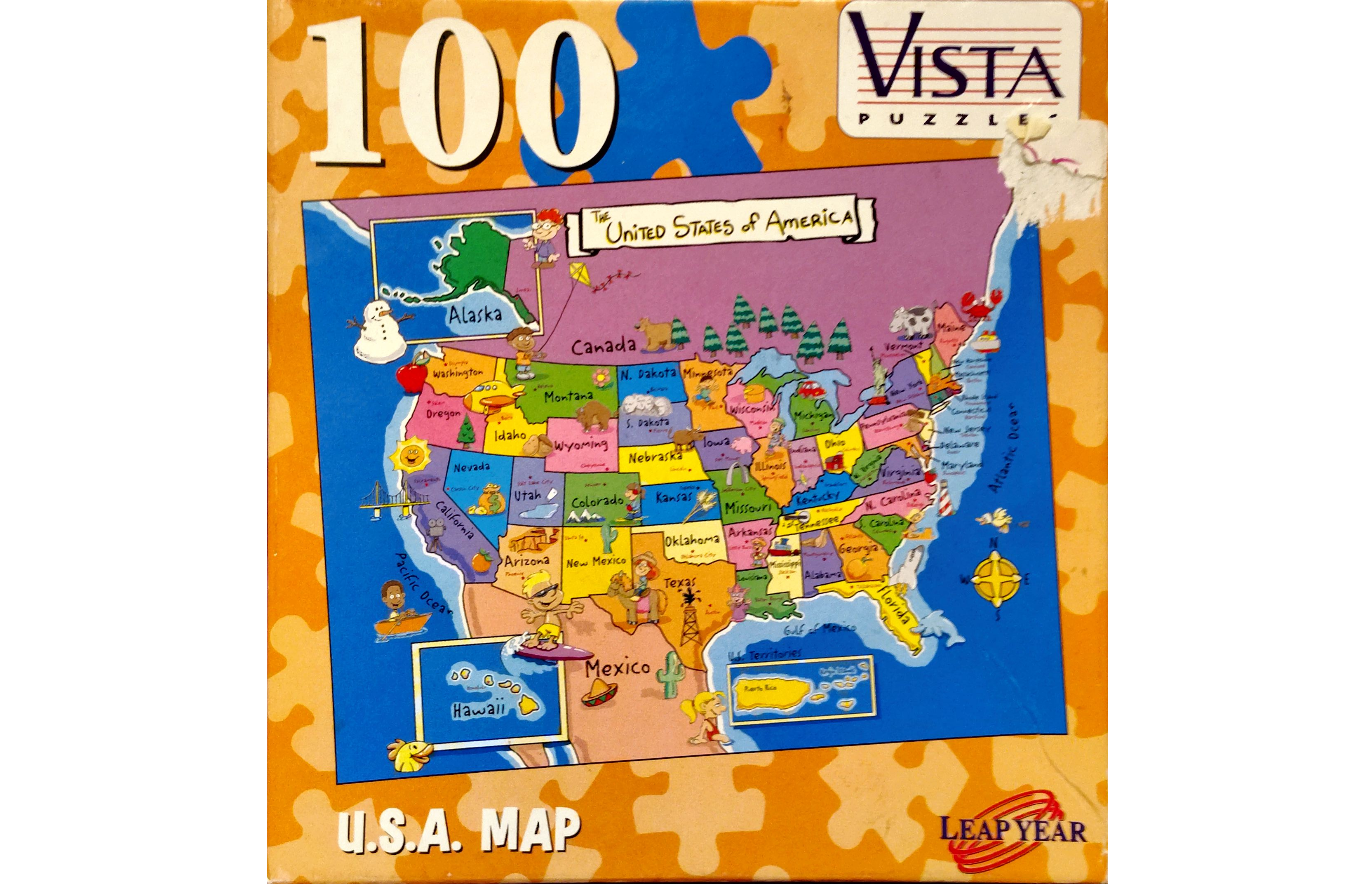 Puzzle cover showing a cartoon drawing of the United States map with different icons on the states showing a notable location.