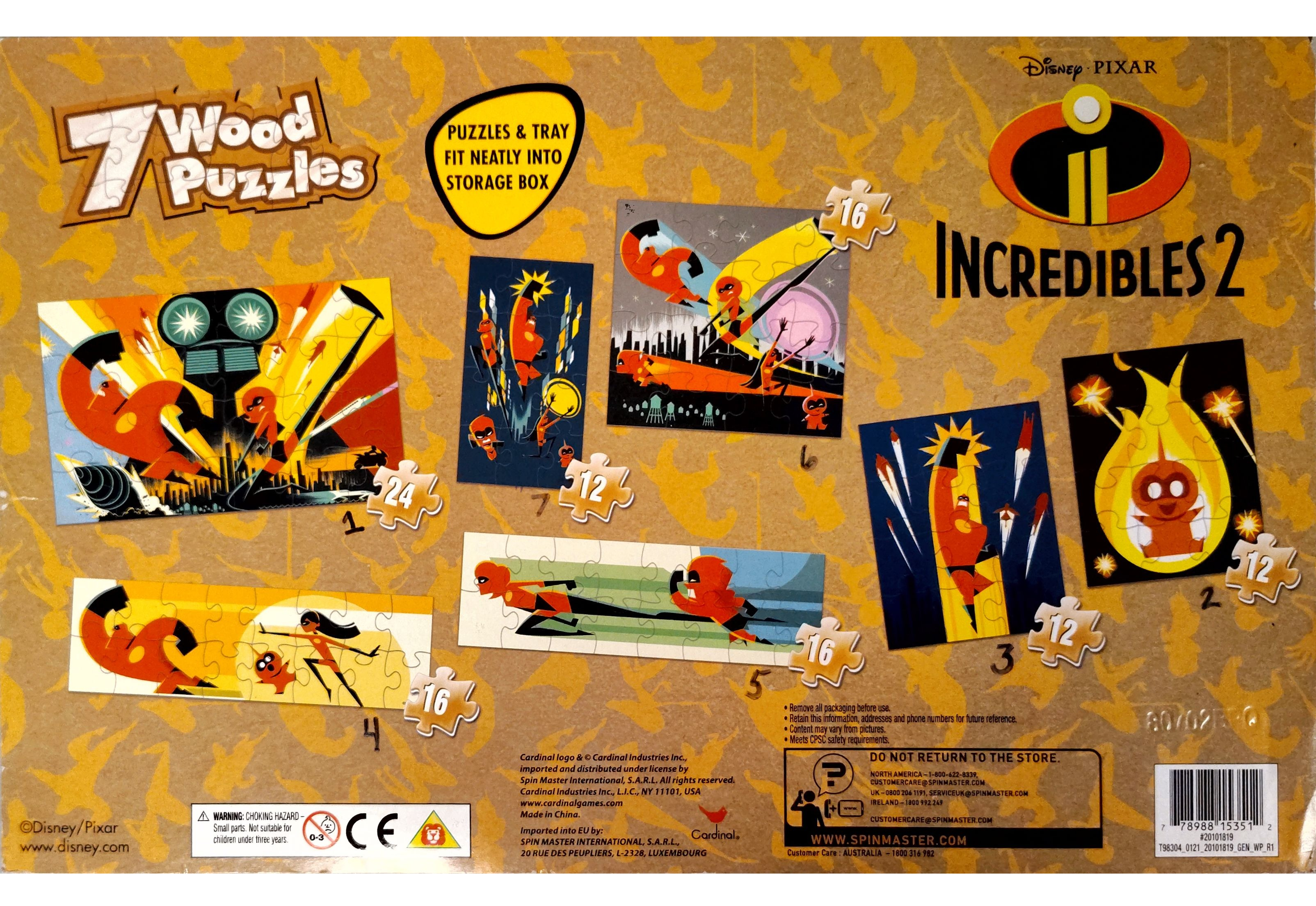 Puzzle cover showing 7 different illustrations as individual puzzles from the Pixar movie, Incredibles 2.
