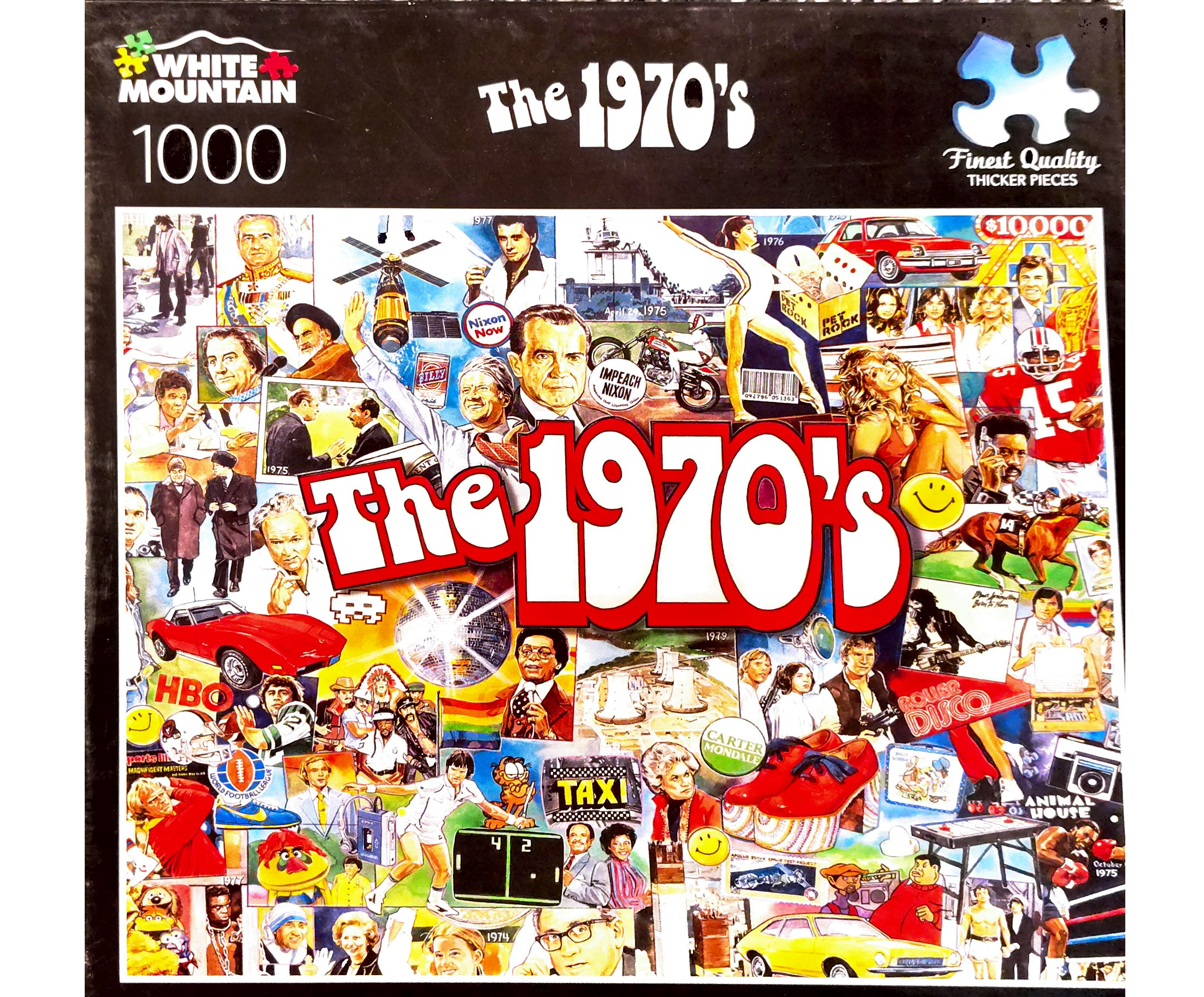 Puzzle cover showing a collage of images that were notable parts of the 1970s.